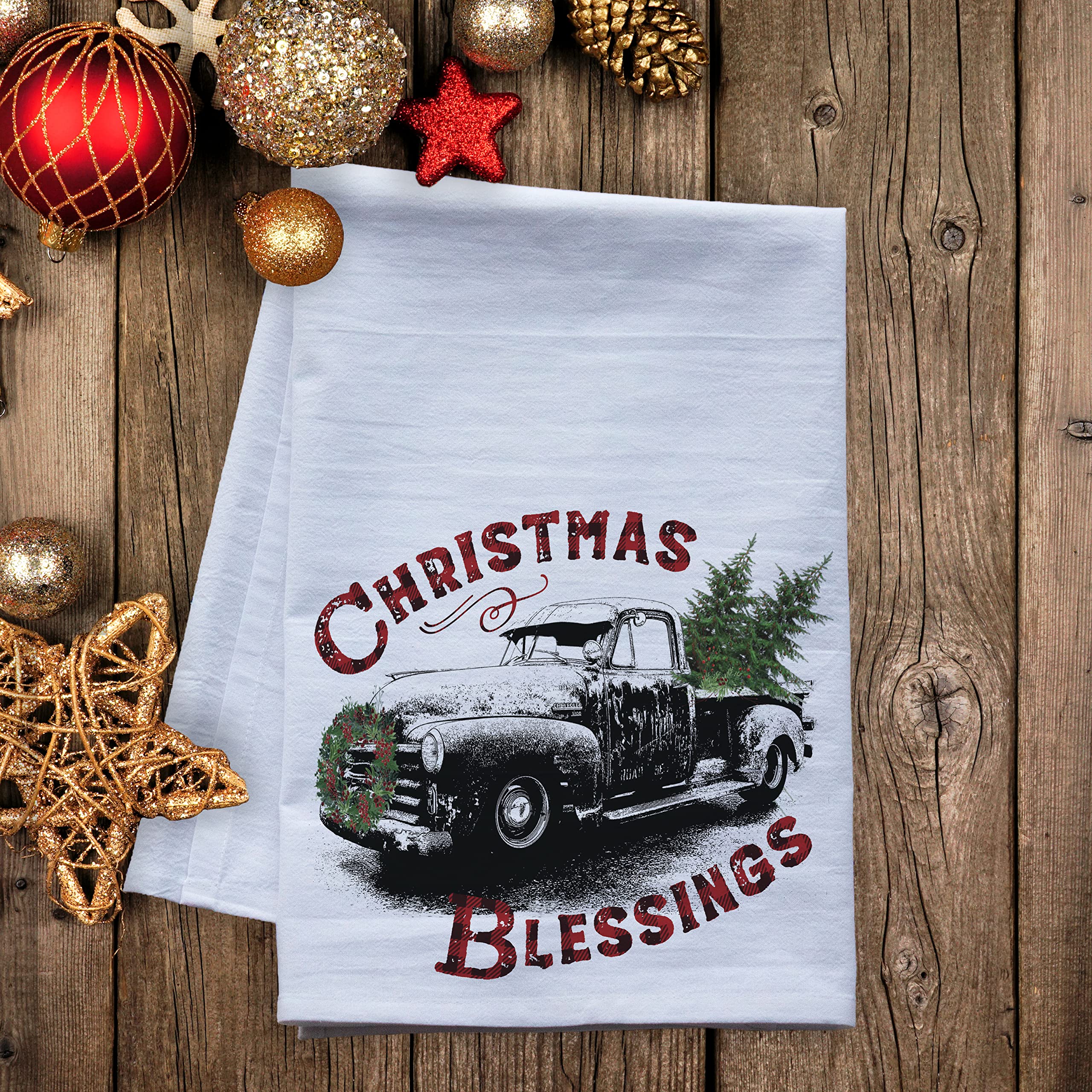 Christmas Flour Sack Dish Towels - Holiday Kitchen Tea Towels Set for Xmas Decor (Old Truck Design) - Perfect for Holiday Baking, Gift Wrapping & Festive Home Decor