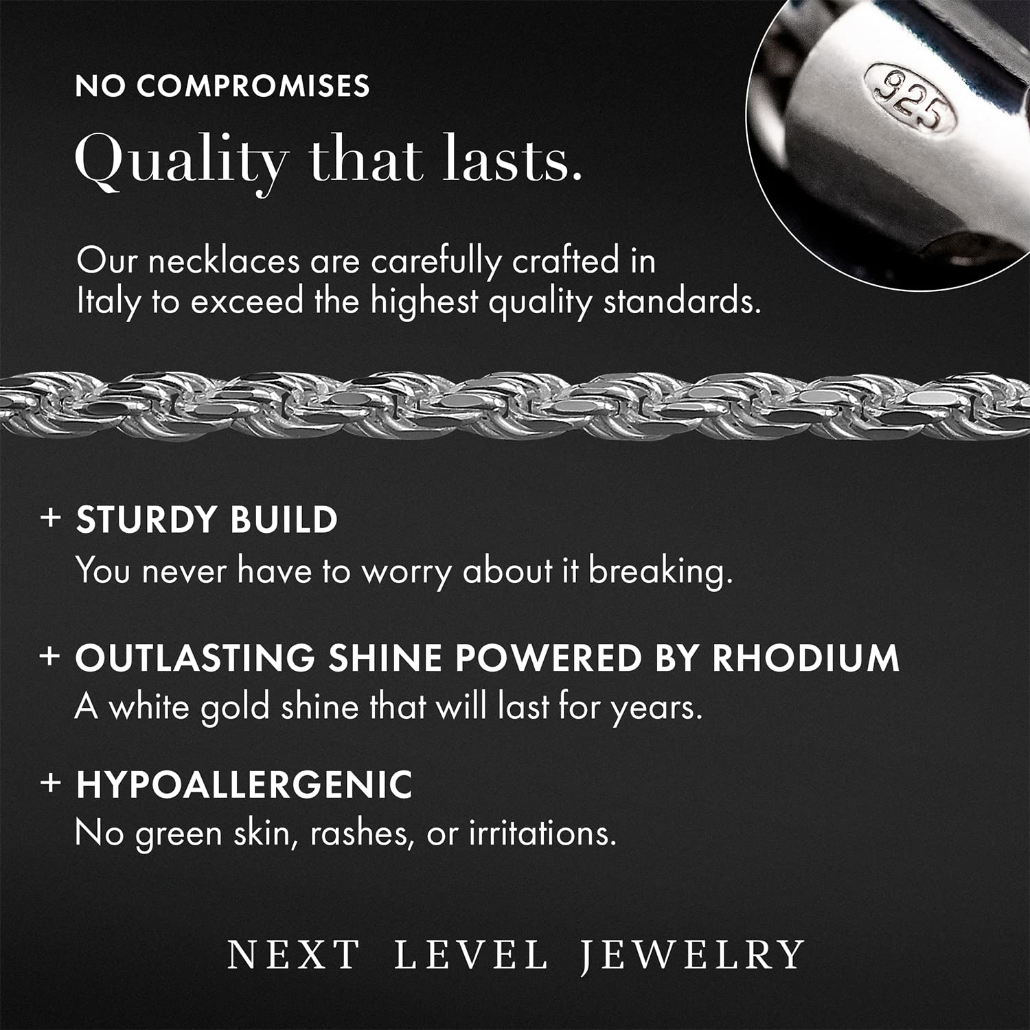 Authentic .925 Sterling Silver Rope Diamond-Cut Link Chain Necklace for Men - 1.5mm to 5.5mm, Rhodium Plated, Italian Craftsmanship | Perfect for Everyday Wear, Gifts & Special Occasions