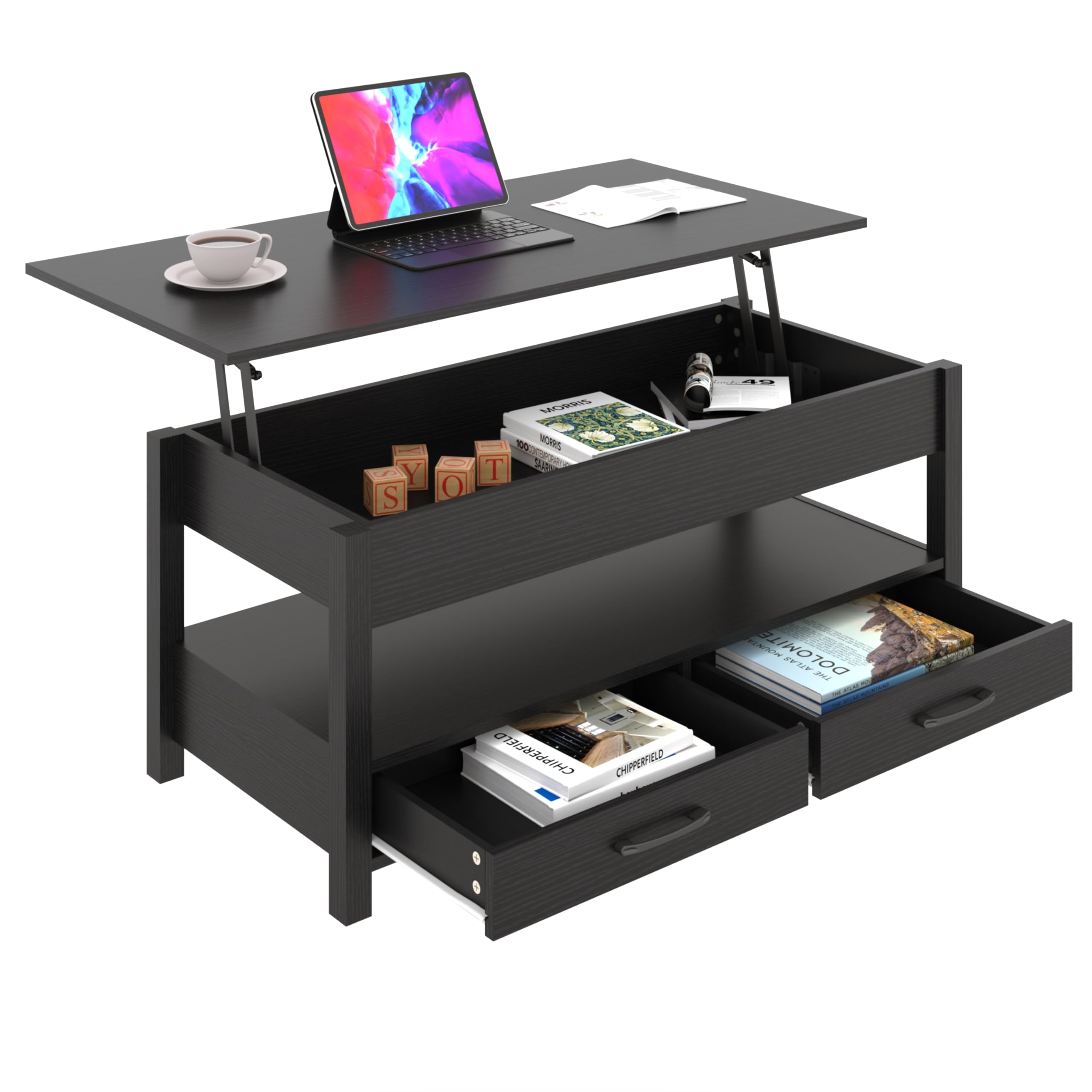 Lift Top Coffee Table with Hidden Storage - Retro Wooden Coffee Table with 2 Drawers & Open Shelf - Panana Lift-Top Living Room Table for Sofa & TV Area (Black) - Perfect for Small Spaces & Home Decor