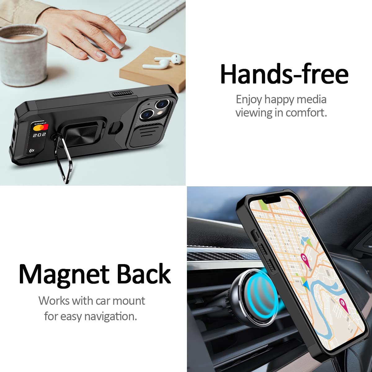 NOLLNOE Heavy Duty Protective iPhone 14 Case with Sliding Camera Cover, Card Holder & Magnetic Kickstand - Shockproof Anti-Scratch Phone Cover for iPhone 14 (Black) | Perfect for Outdoor Activities, Travel & Daily Protection