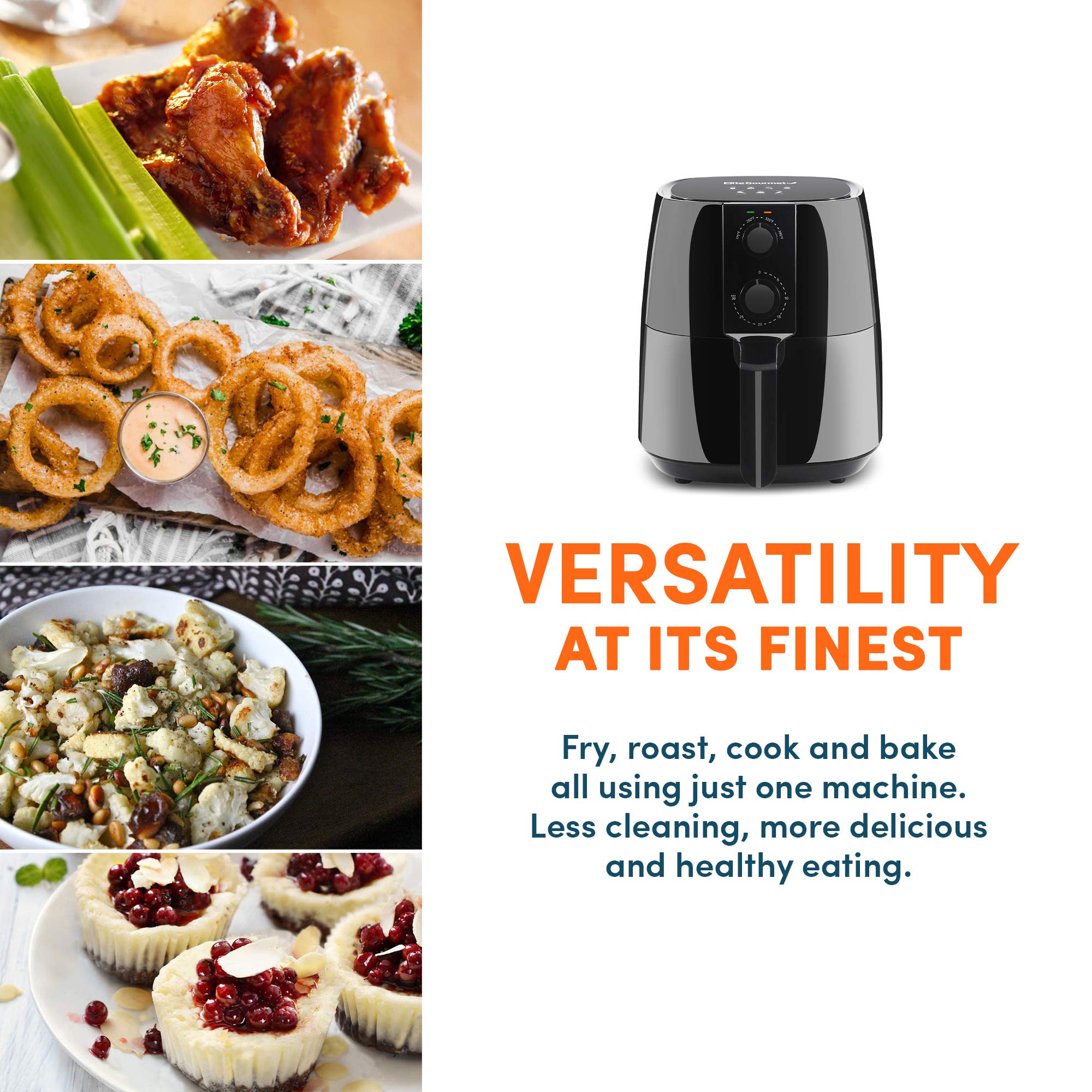 Elite Gourmet EAF4617 1350W Digital Air Fryer - 4 Quart Oil-Free Healthy Cooker with Timer & Temp Control - Perfect for Crispy Fries, Chicken Wings & Family Meals - Black
