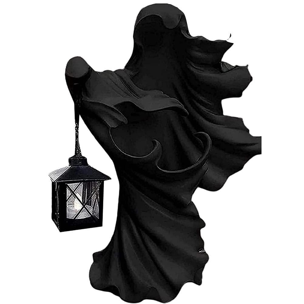 LIANGLIDE Realistic Faceless Ghost Sculpture - 7.8 Inch Resin Hell Messenger Statue Holding Lantern, Witch & Ghoul Halloween Decor for Home, Party, Haunted House Theme | Spooky Indoor/Outdoor Decoration