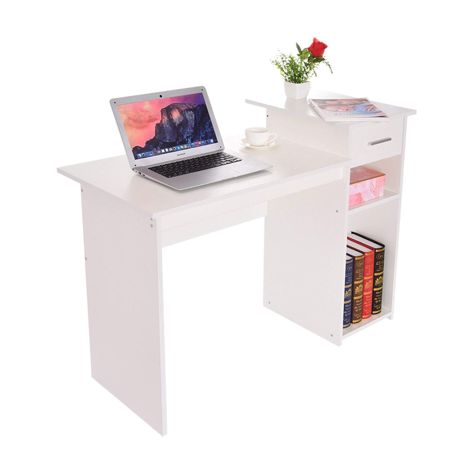Ergonomic Home Office Computer Desk with Drawers & Storage Shelves - Compact Study Desk for Dorm, Small Spaces - Perfect Writing Workstation for Remote Work & Online Learning