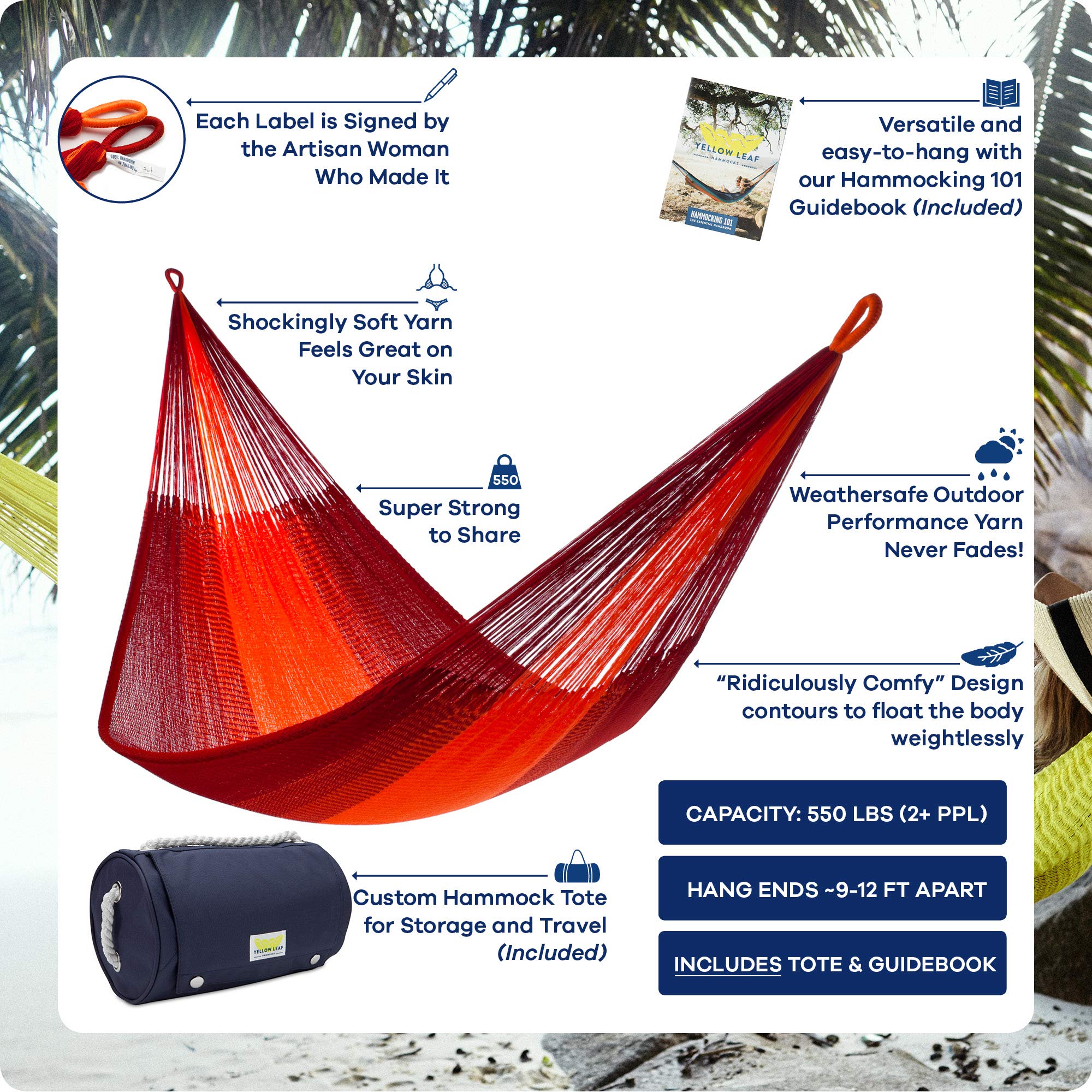 Premium Handwoven Hammock with Portable Stand - Family Size for 2+ People, 550lb Capacity - Weatherproof, Easy Setup, Ultra Soft Cotton - Artisan Made by Yellow Leaf Hammocks (Red) - Perfect for Backyard, Beach, Camping & Patio Relaxation