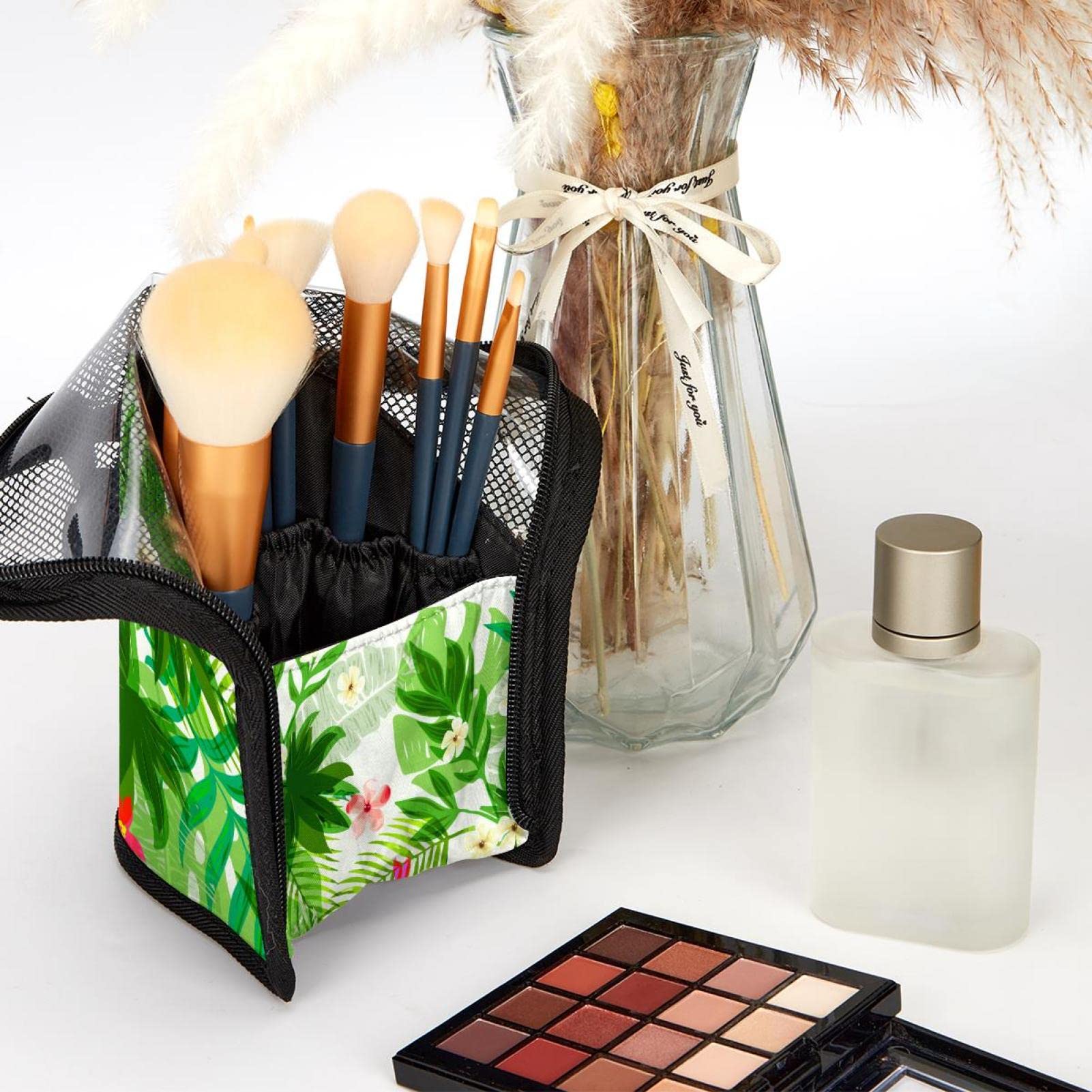 Portable Makeup Brush Organizer Bag with 12 Slots - Tropical Leaves & Flowers Design - Travel Cosmetic Brush Holder Case for Home, Travel, and Professional Makeup Artists