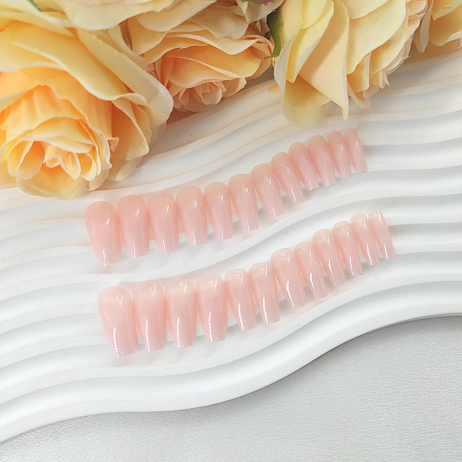Premium 24Pcs Coffin Press-On Nails - Medium White Gradient with Glossy Finish & Light Pink Transparent Tips | Fake Nails with Strong Glue | Artificial Stick-On Nails for Women | Perfect for Parties, Weddings & Special Occasions