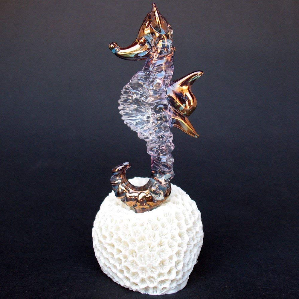 Hand Blown Glass Seahorse Figurine on Coral Base - Unique Ocean Themed Home Decor for Beach House, Aquarium, or Coastal Living Room
