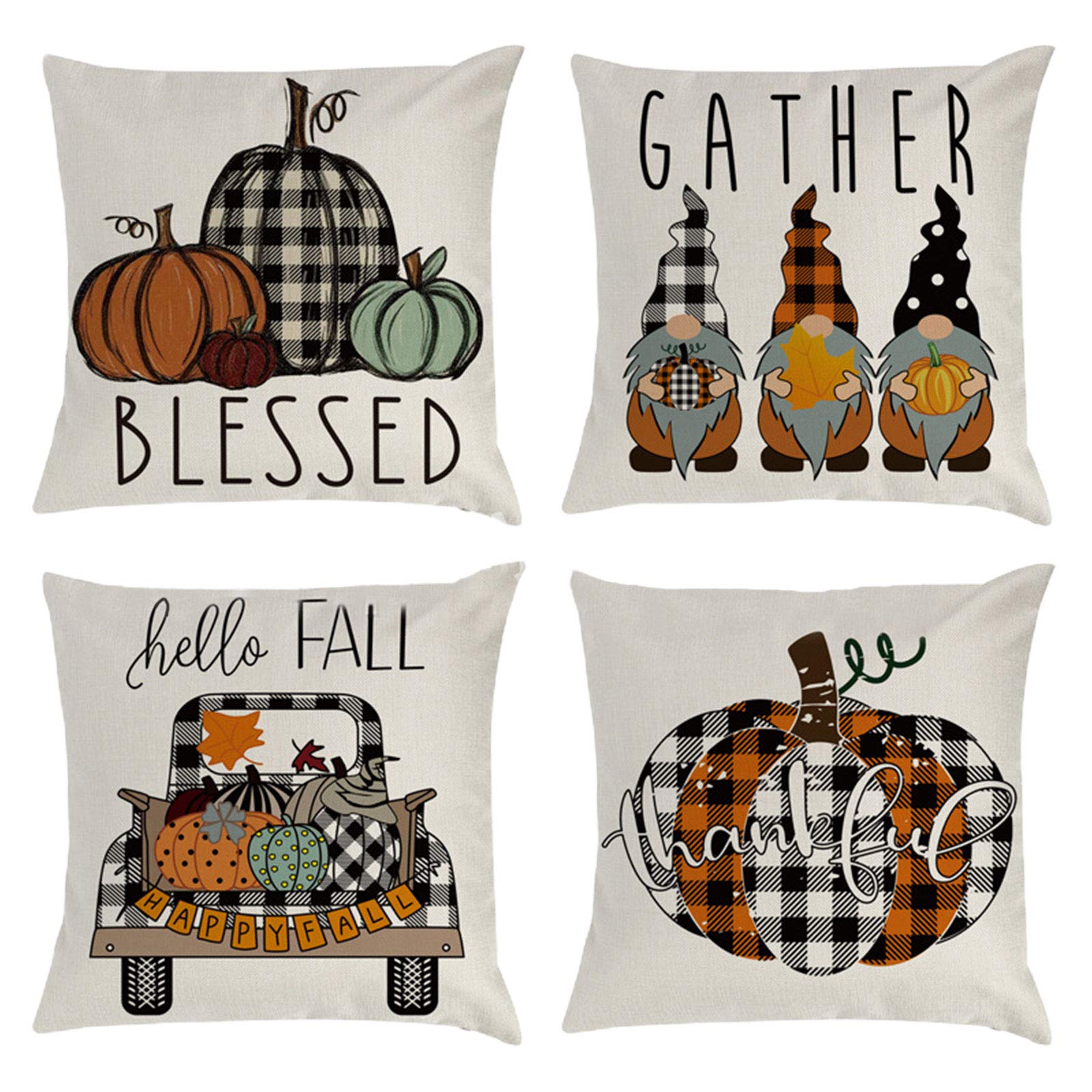 Fall Pillow Covers Set of 4 - Buffalo Check Plaid for Thanksgiving & Autumn Decor - Farmhouse, Outdoor & Seasonal Use