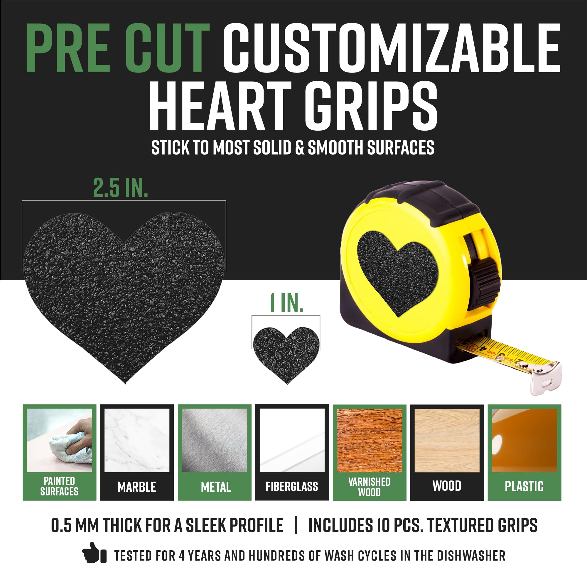 Dragon Grips Tactical Non-Slip Grip Tape Heart Stickers - 10PCS Black Textured Rubber Grip Decals for Enhanced Grip on Tablets, iPads, Laptops & Cell Phones - Self-Adhesive Multi-Purpose Grip Tape for Everyday Use in Home, Office, and Outdoor Activities