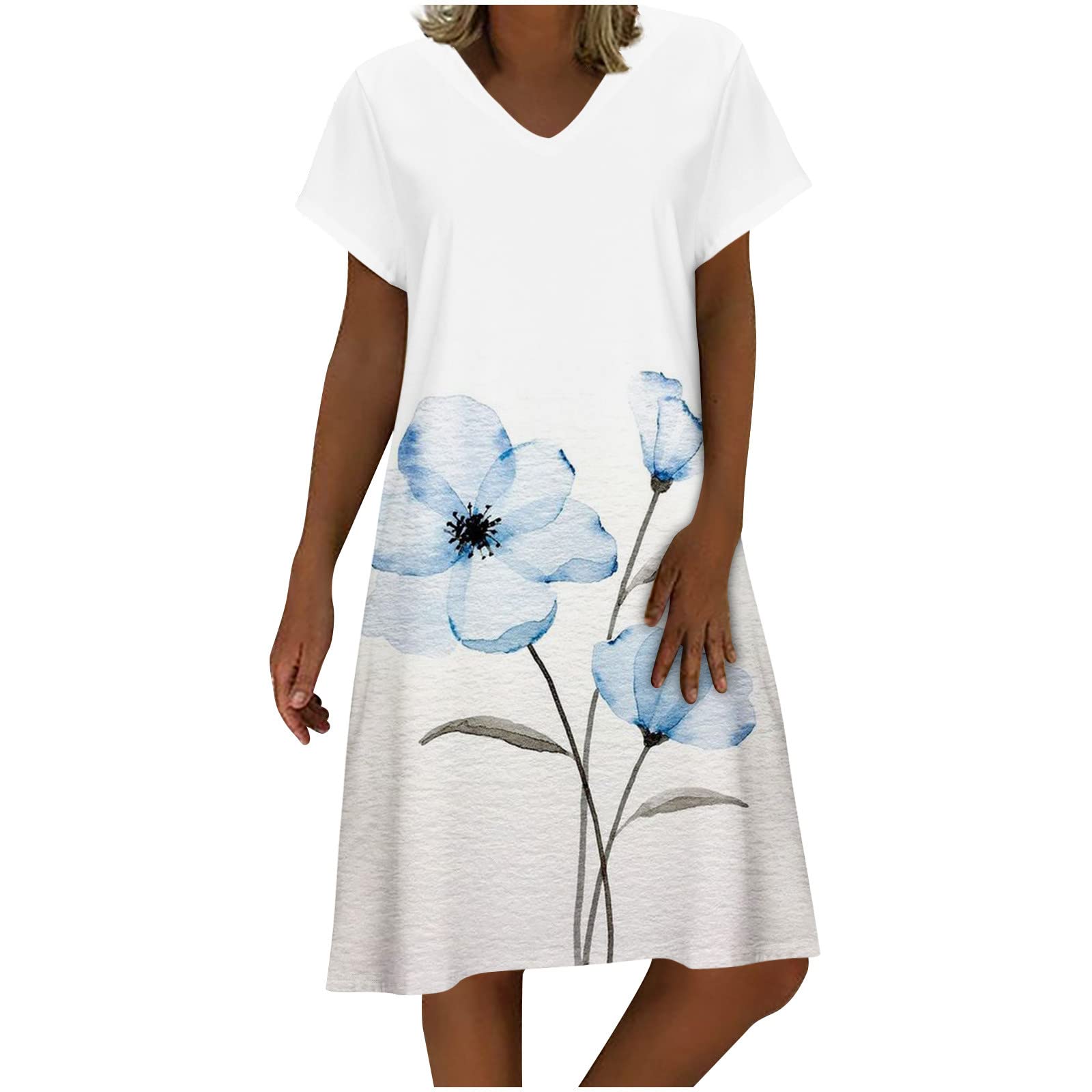 Women's Summer Midi Dress 2022 - Elastic Waist Party Dress, White Short Sleeve Round Neck Casual Dress for Beach, Wedding & Outdoor Events