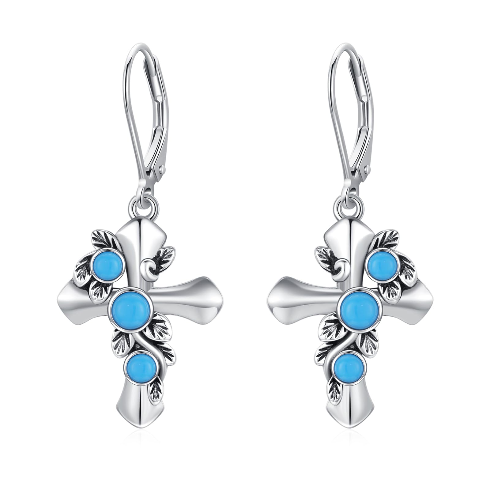 925 Sterling Silver Turquoise Cross Dangle Earrings for Women - Religious Gothic Leverback Jewelry - Perfect Birthday & Christmas Gifts - Ideal for Church, Parties & Everyday Wear
