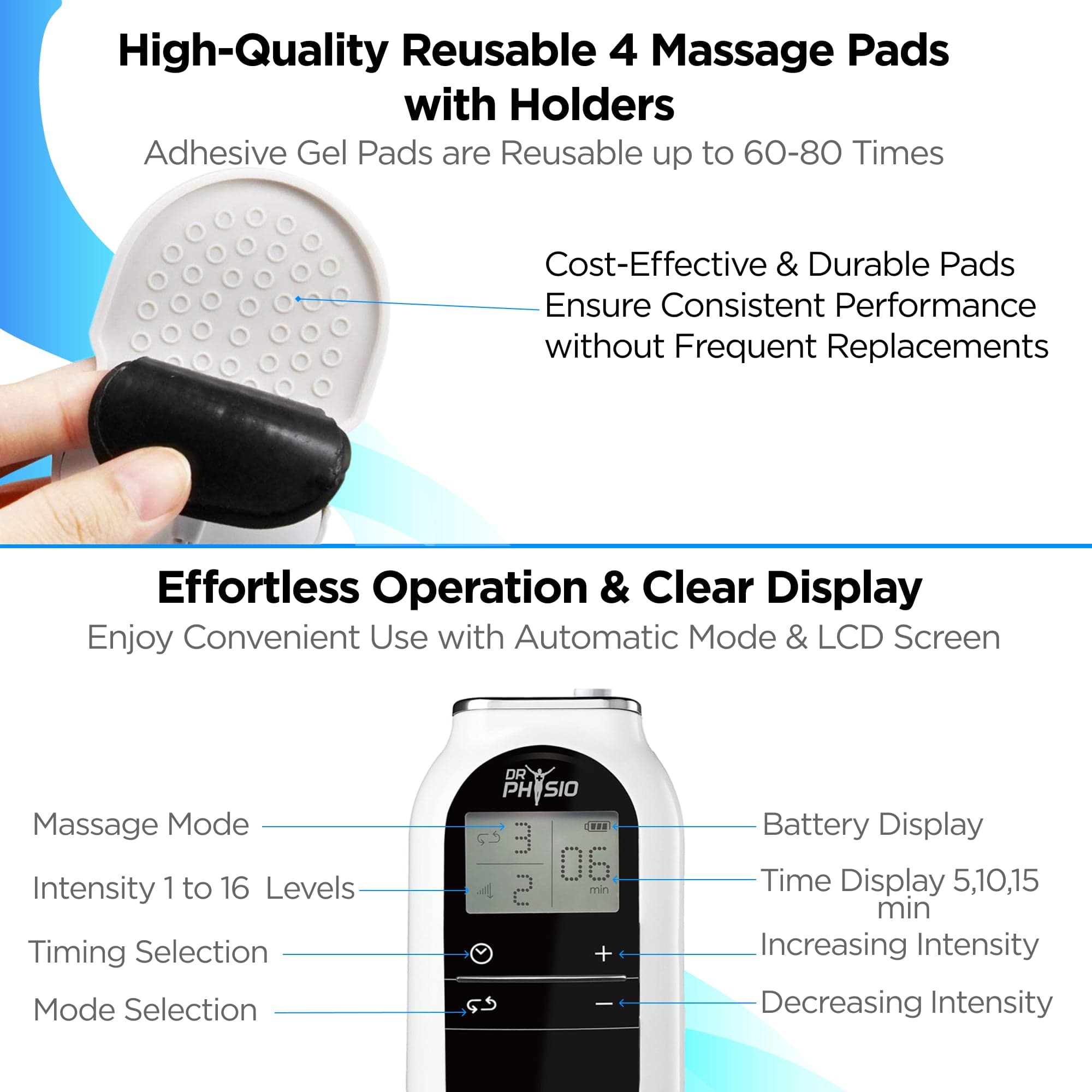 Dr Physio USA TENS Unit Muscle Stimulator - Electric Pulse Massager for Pain Relief & Physical Therapy - Perfect for Back Pain, Neck Pain & Muscle Recovery at Home or Gym