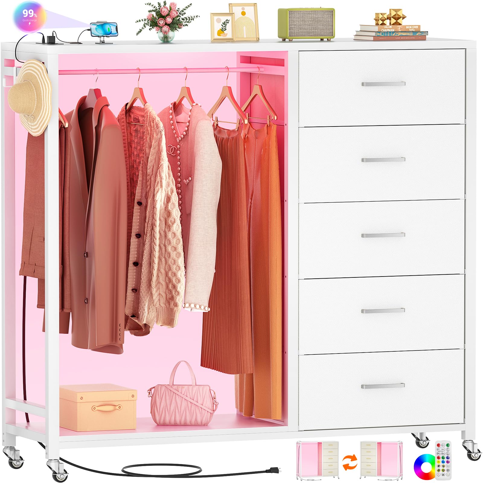 Cyclysio 5-Drawer Dresser with Clothes Rack, Charging Station & LED Lights - White Wooden Top Storage Chest with Lockable Wheels - Perfect for Bedroom, Closet, and Small Space Organization