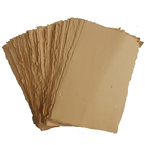 Handmade Deckle Edge Paper - Printer Friendly Blank Mixed Media Loose Leaf Sheets - 150 GSM Thick A4 Size - Pack of 50 Brown - Perfect for Scrapbooking, Journaling & Art Projects