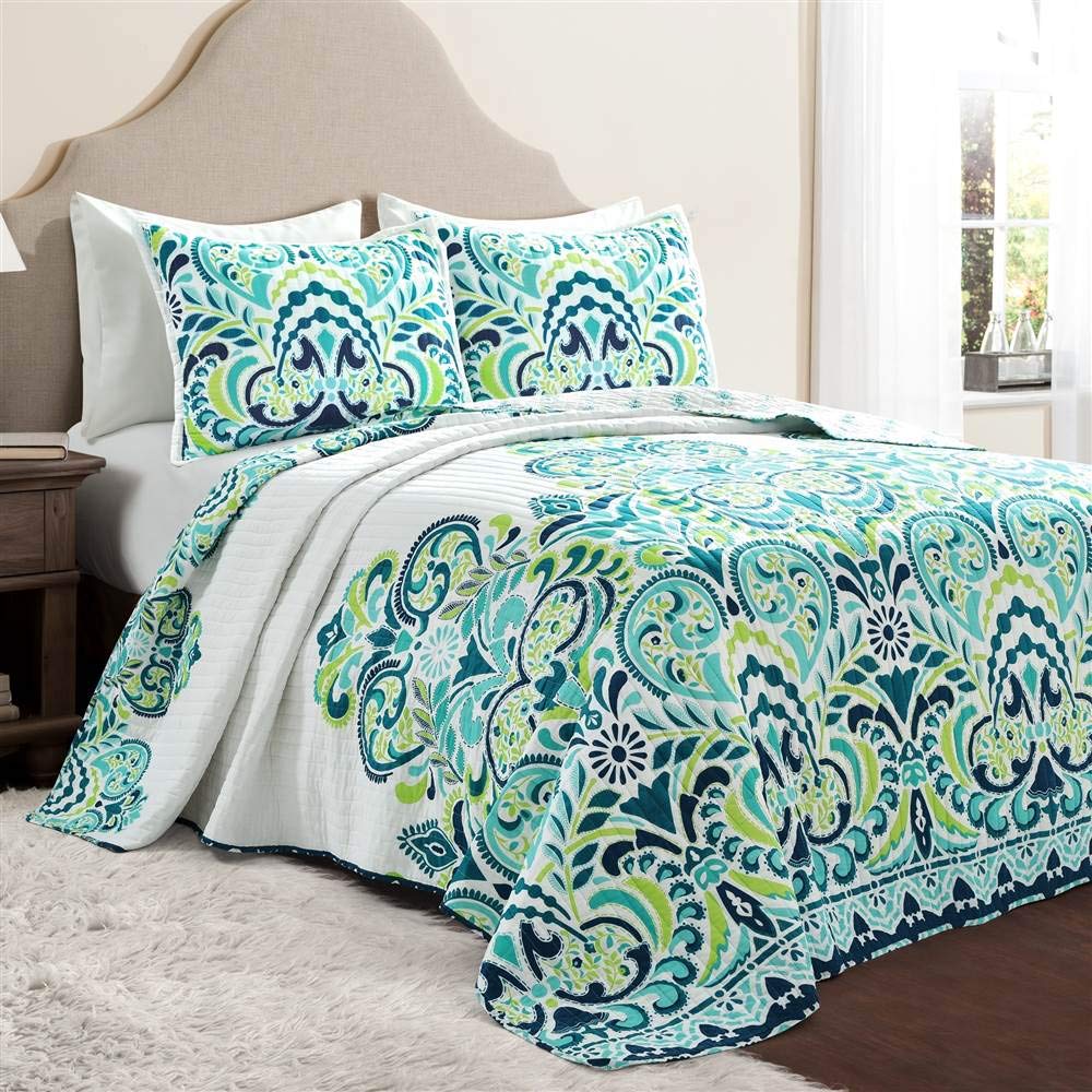 Lush Decor Clara Reversible Quilt Set - Full/Queen, Blue & Green for Cozy Bedroom