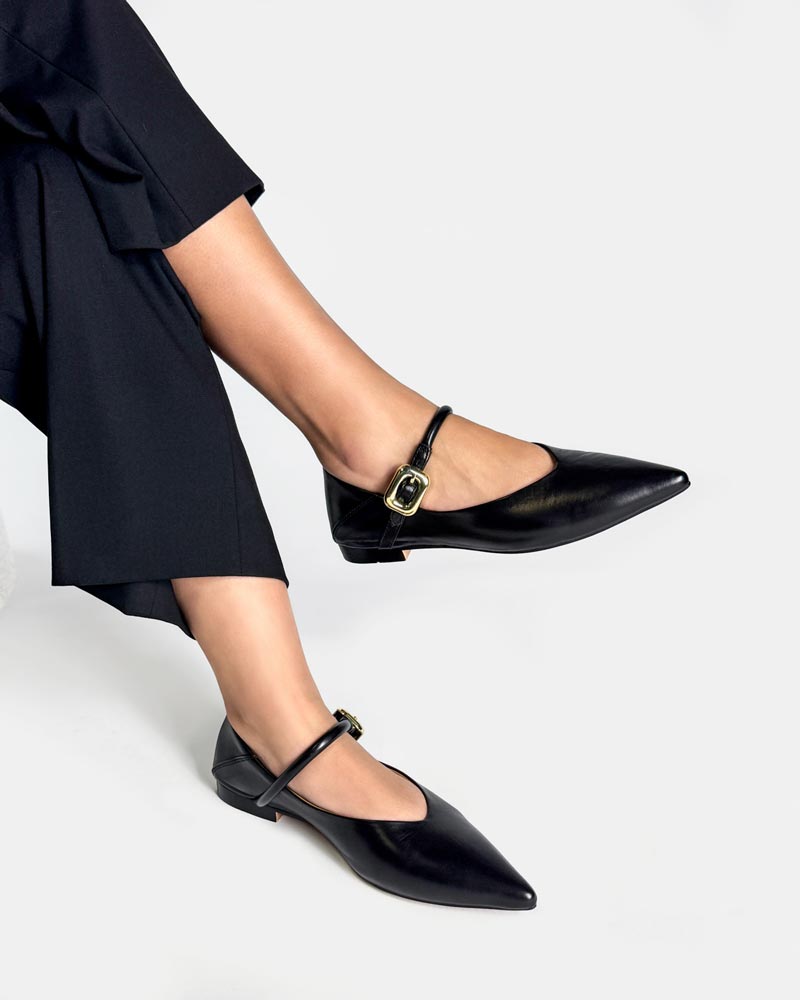Black Calfskin Leather Flat Mary Jane Shoes for Women - Classic Comfortable Slip-On Ballet Flats for Work, Office & Casual Wear