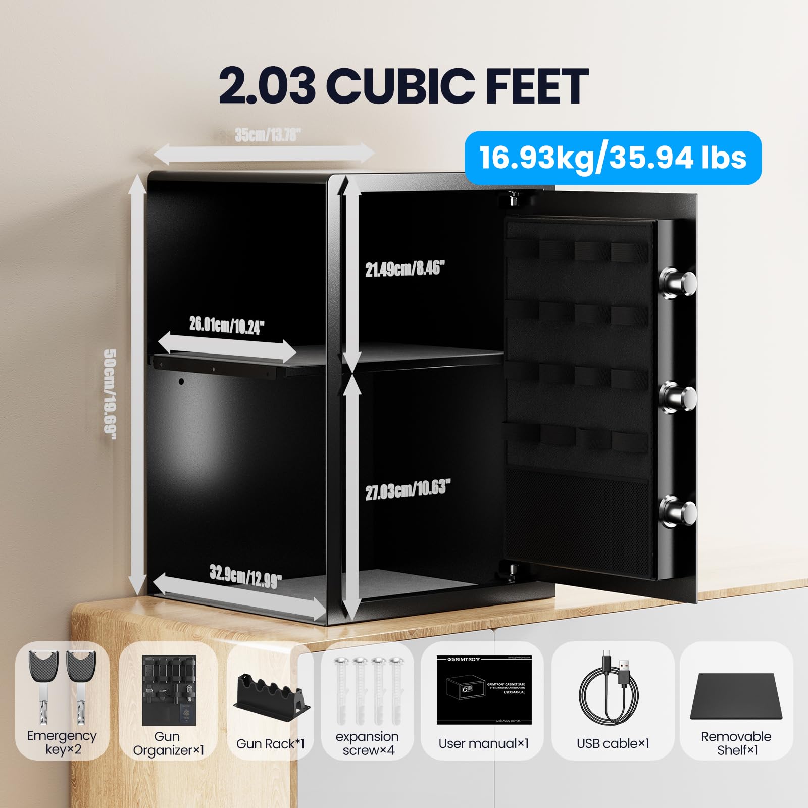 2.03 cu ft Pistol Safe - Biometric Gun Safe for Handguns with Silent Mode & LED Light | Home Security Safe with Backlit Keypad & Anti-Rust Protection | Perfect for Bedside, Closet, or Office Gun Storage