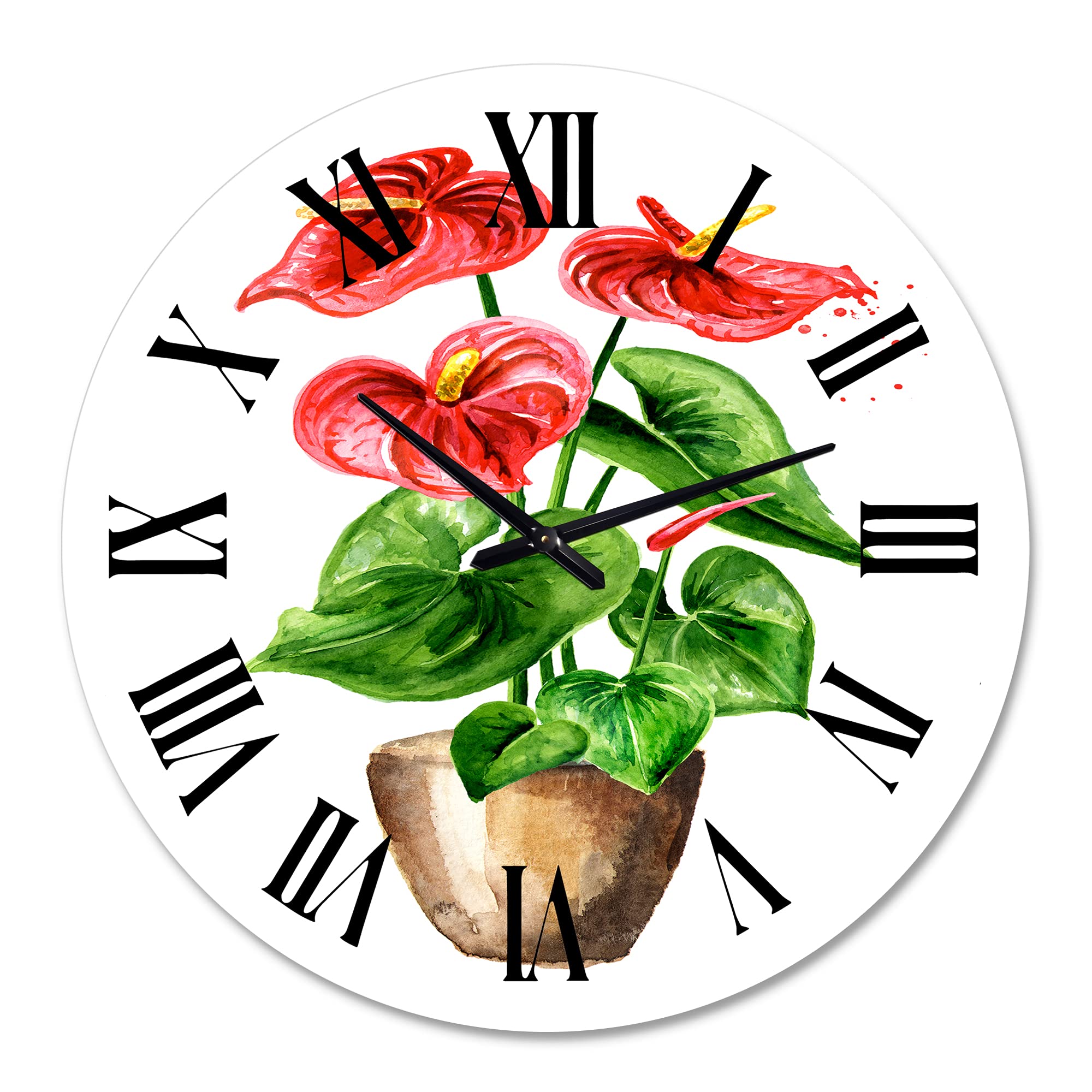 Large Floral Wall Clock with Anthurium Tailflower Design - Elegant Home Decor for Bedroom, Living Room & Office | Silent Non-Ticking Modern Round Clock