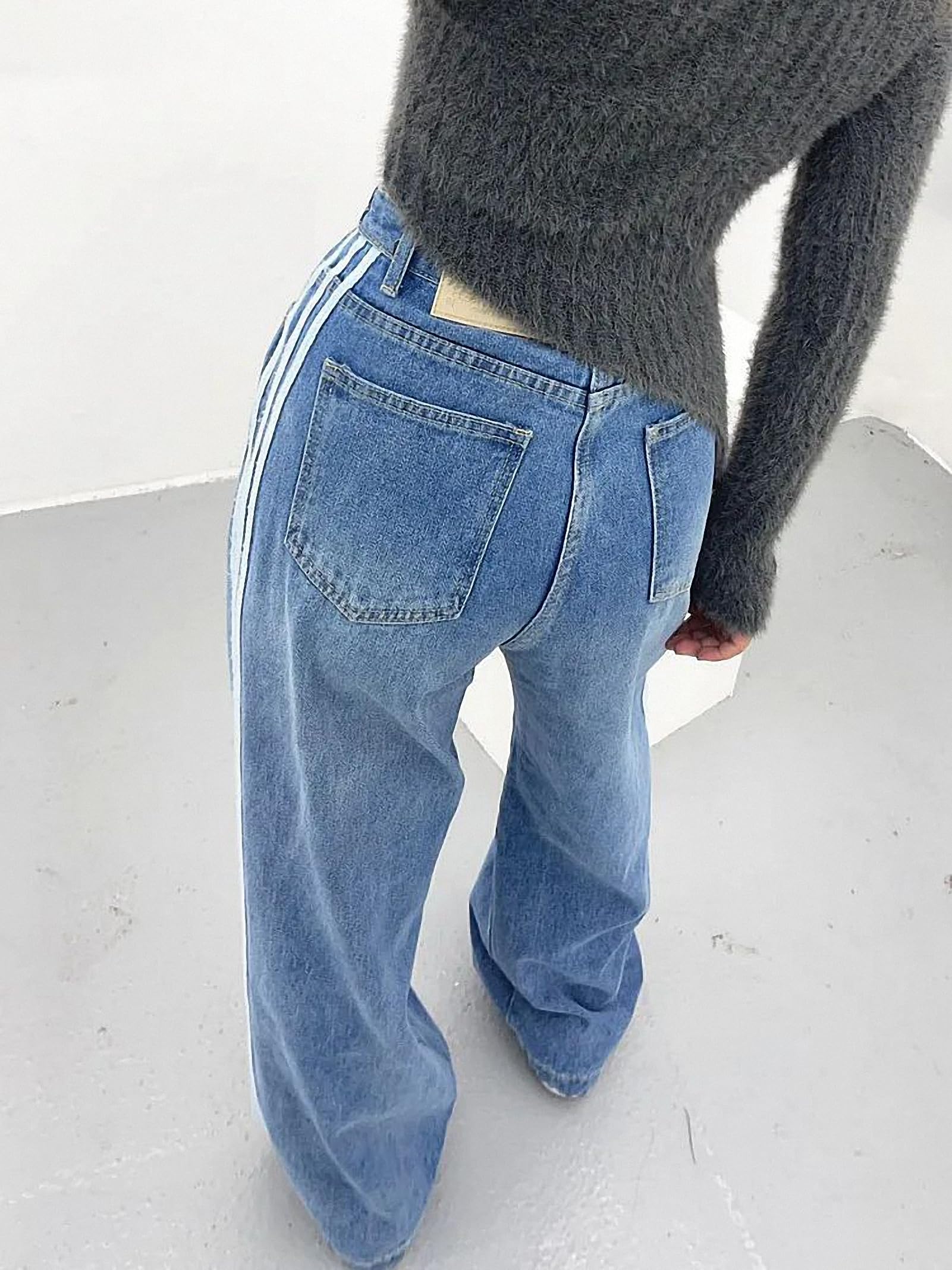 Y2K Washed Blue Stripe Baggy Jeans for Women - High Waisted Wide Leg Denim Pants, Goth Streetwear Fashion | Perfect for Casual Outfits, Parties & Retro Style