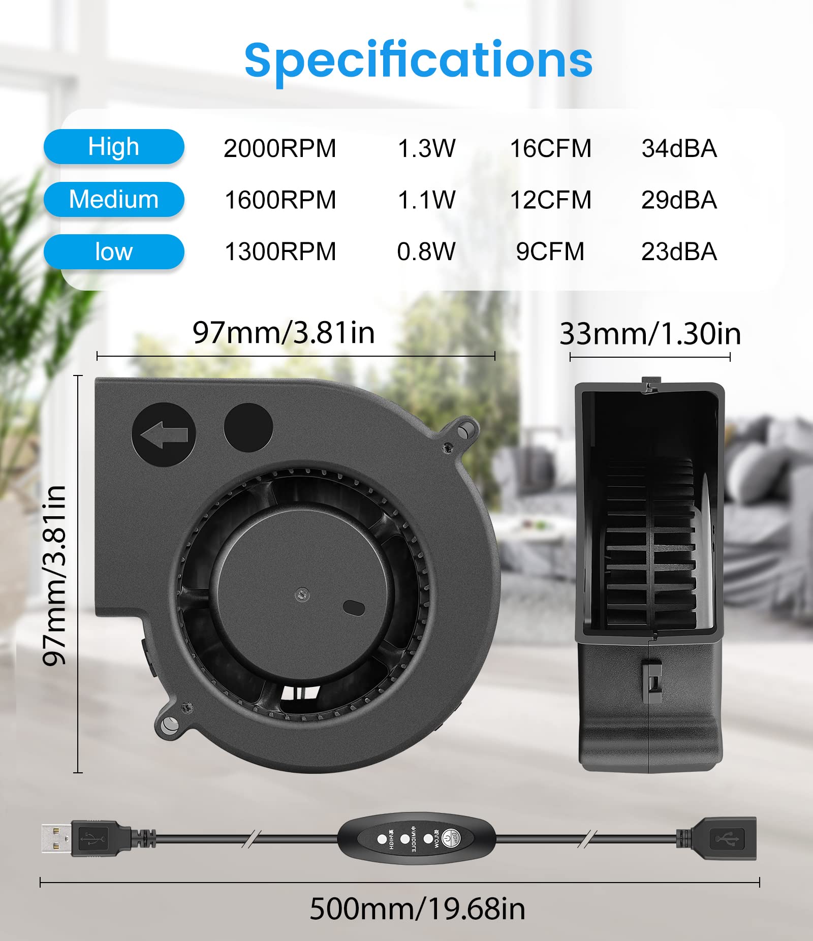 Wathai 97mm x 33mm High Speed USB Blower Fan with Adjustable Speed Control - Perfect for PC Cooling, Computer Case, AV Cabinet & Entertainment Center Ventilation | Ideal for Gaming Rigs, Server Rooms & Home Theater Systems
