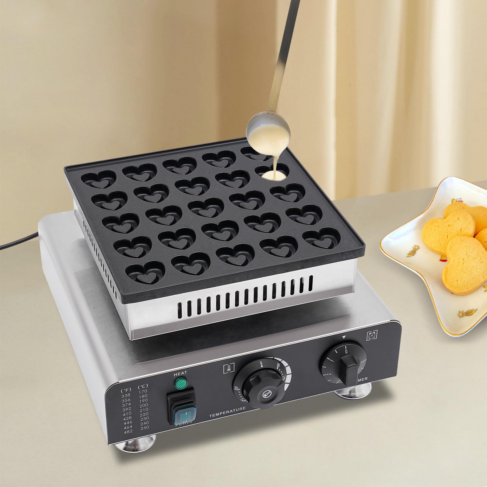Commercial Mini Pancake Maker - 25pcs Heart-Shaped Pancake Machine with Non-Stick Surface, Adjustable Timer (0-5min) & Temperature Control (122-572°F) - Perfect for Home Bakeries, Cafés, Breakfast Buffets & Kids' Snack Time