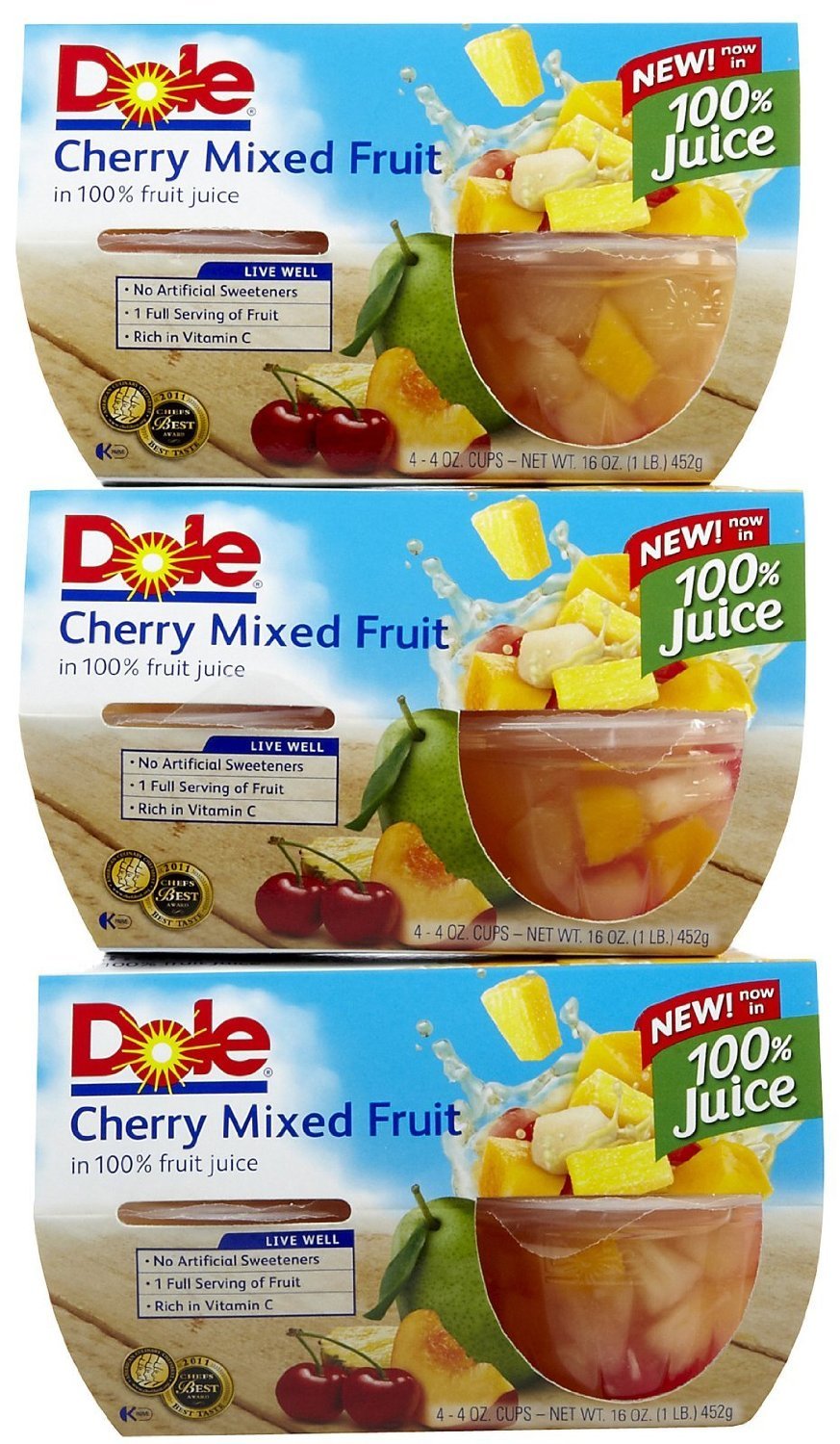 Dole Cherry Mixed Fruit in 100% Fruit Juice - 4 Pack (4 Oz. Cups) - Healthy Snack for Kids, Lunch Box & On-the-Go - No Sugar Added, Gluten Free