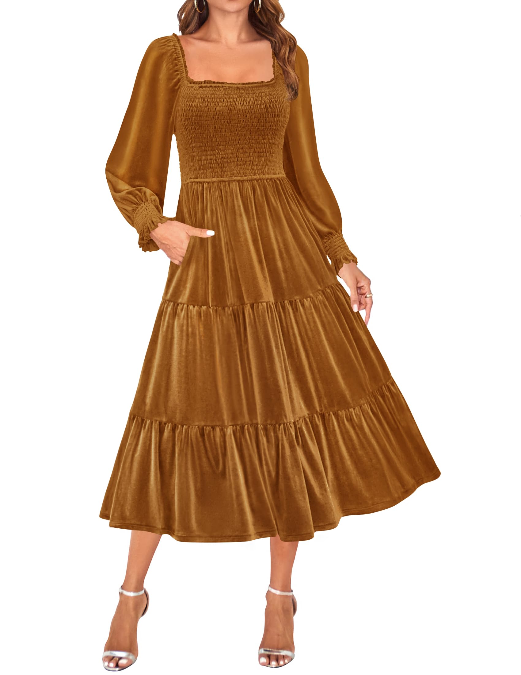 ZESICA Women's Velvet Long Sleeve Square Neck Smocked Ruffle A-Line Midi Dress with Pockets - Elegant Spring 2025 Flowy Dress for Parties, Weddings & Special Occasions
