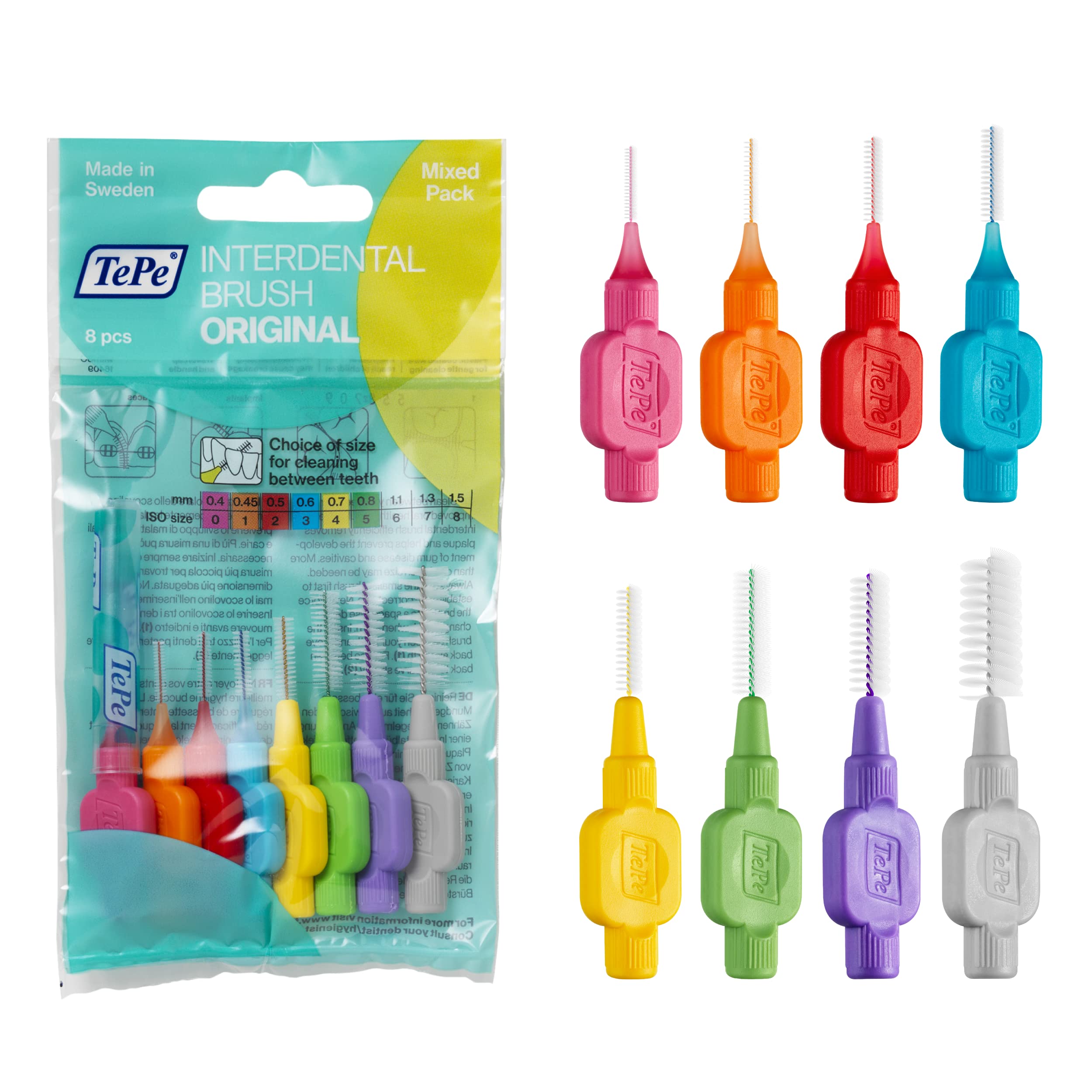 TePe Original Interdental Brushes - Pack of 8 Soft Dental Brushes for Teeth Cleaning (Mixed Sizes) - Perfect for Braces, Bridges & Gum Care at Home or Travel