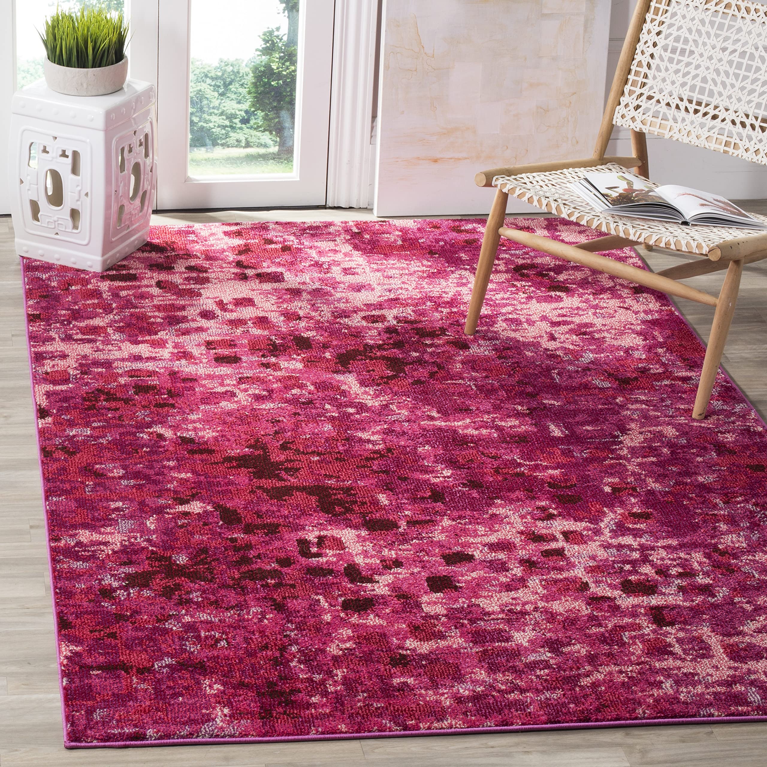 SAFAVIEH Monaco Collection 8' x 11' Fuchsia Boho Chic Abstract Watercolor Area Rug - Non-Shedding, Easy Care, Stain Resistant for High Traffic Living Room, Bedroom, Dining Room & Office (MNC225F) - Perfect for Bohemian Home Decor & Modern Interior Design