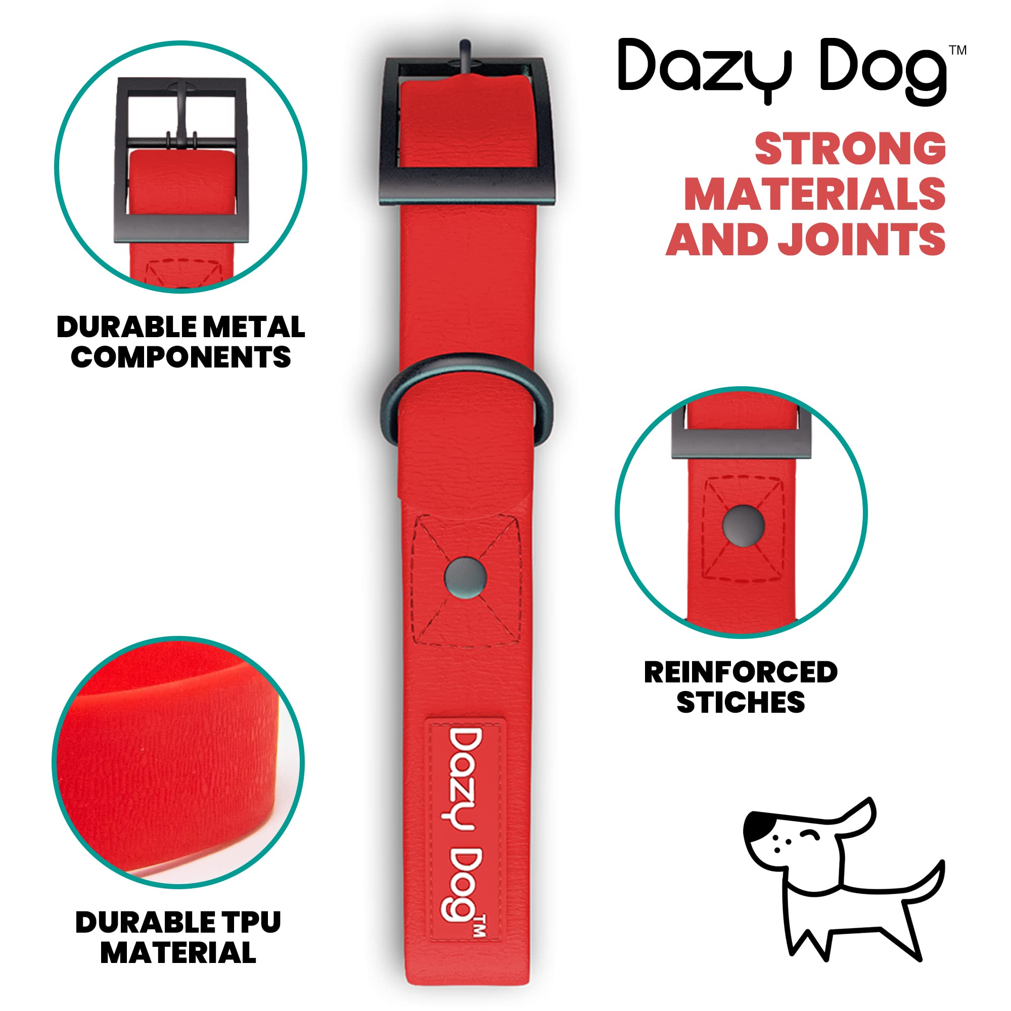 Dazy Dog Waterproof Durable Dog Collar - Odor Resistant & Easy Clean TPU Pet Collar for Small Medium Large Dogs - Stronger Than Biothane Silicone Rubber - Perfect for Swimming Hiking Training (Medium, Red)