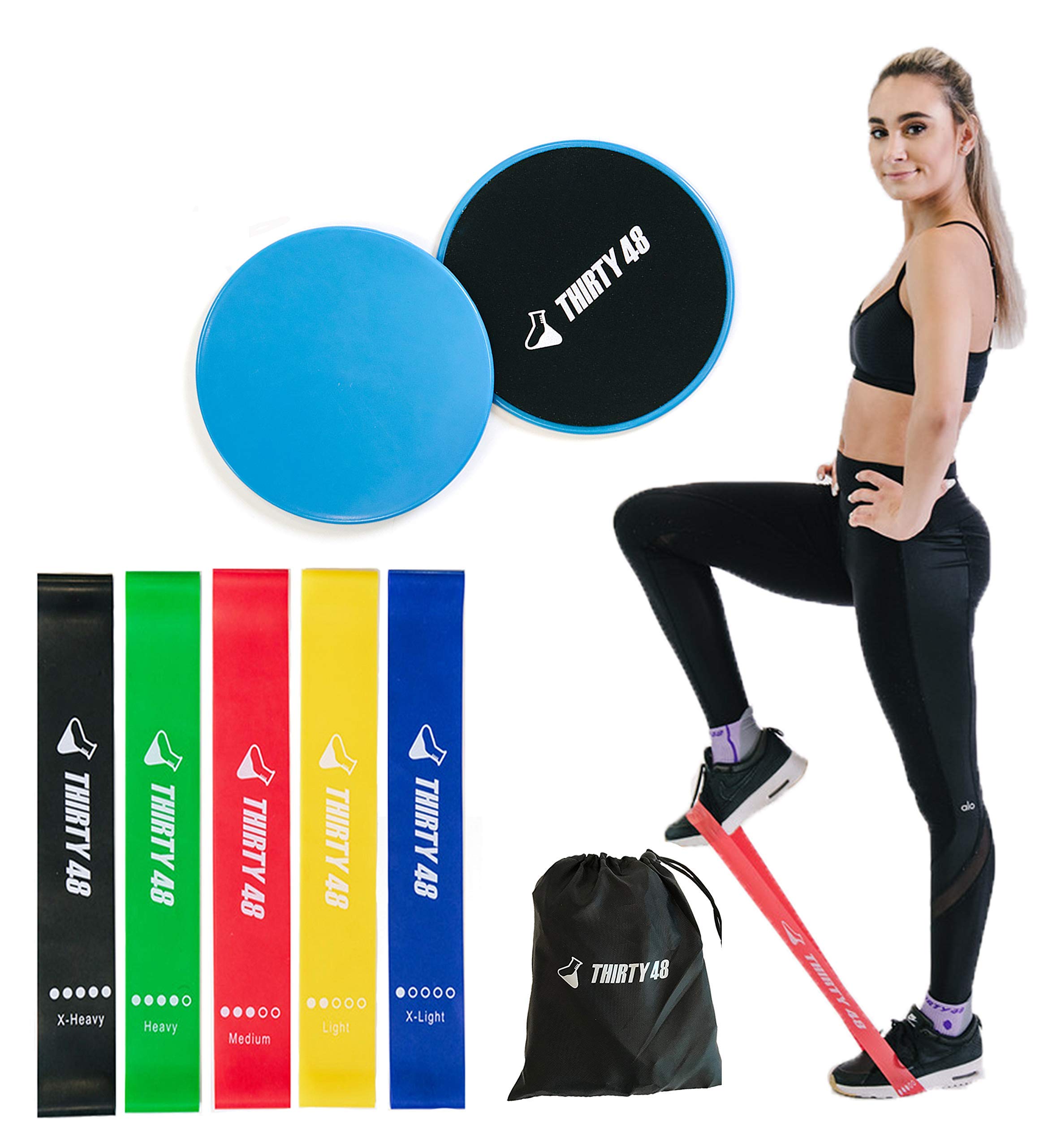 Thirty48 Gliding Discs Core Sliders with 5 Resistance Bands - Home Gym Workout Equipment for Strength Training, Stability Exercises & Full Body Fitness - Includes User Guide & Carry Bag - Perfect for Home, Office, Travel & Outdoor Workouts