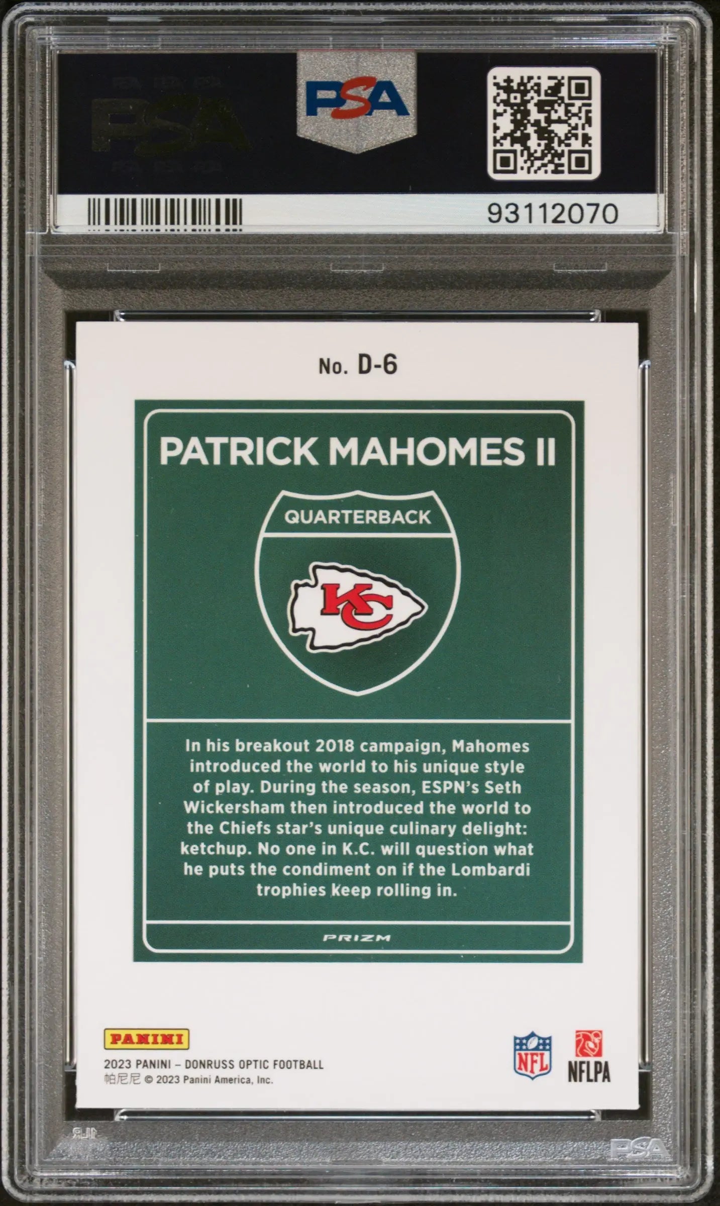 2023 Panini Donruss Optic Downtown Patrick Mahomes II #D6 PSA 10 Gem Mint Football Trading Card - Perfect for Collectors, Investors & Sports Memorabilia Displays
