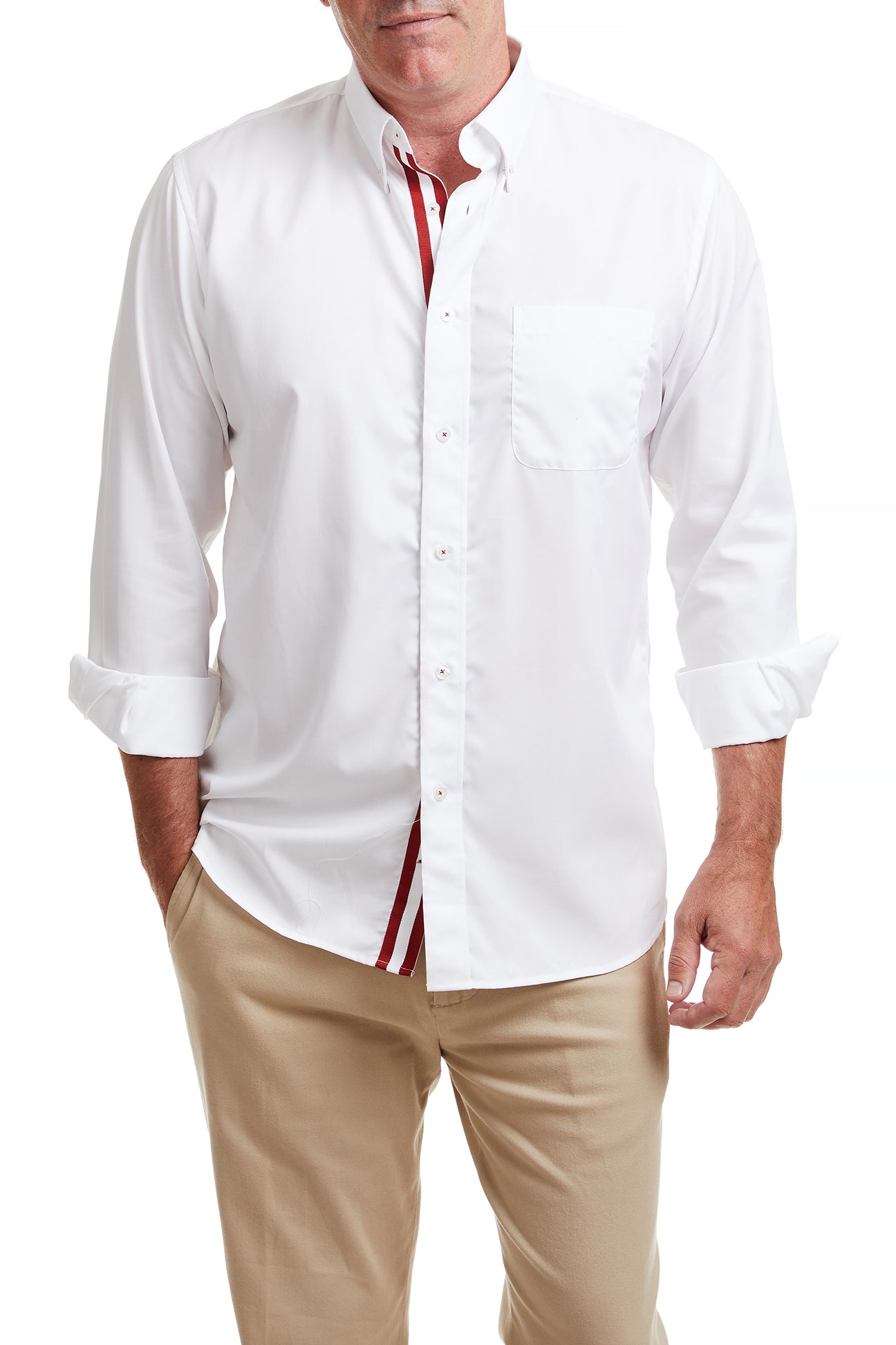 Chase Shirt White with Crimson Grosgrain Trim - Classic Men's Dress Shirt for Business, Office & Formal Occasions