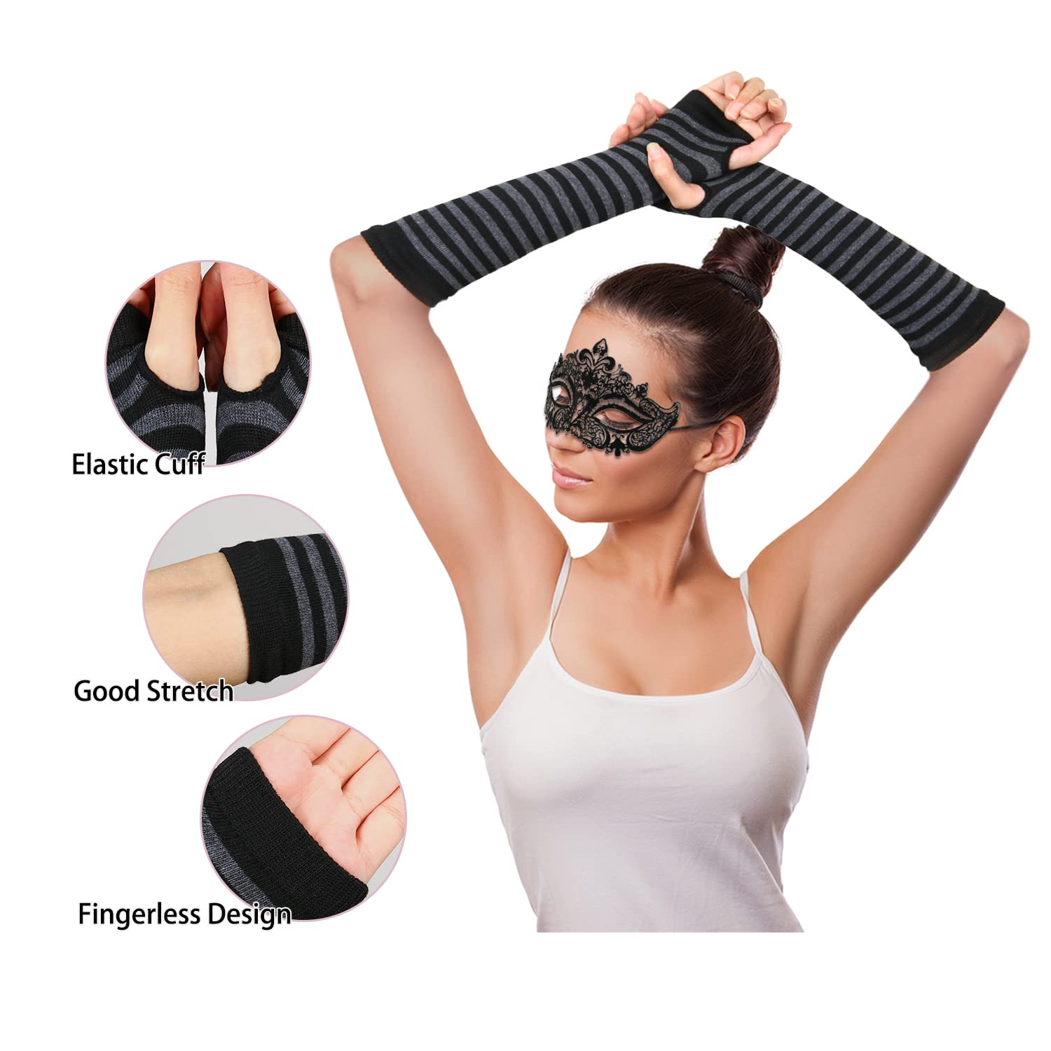 Benefeet Women's Striped Thigh High Socks & Arm Warmers Set with Fingerless Gloves - Over Knee High Stockings for Halloween Costumes, Cosplay, and Winter Fashion Outfits