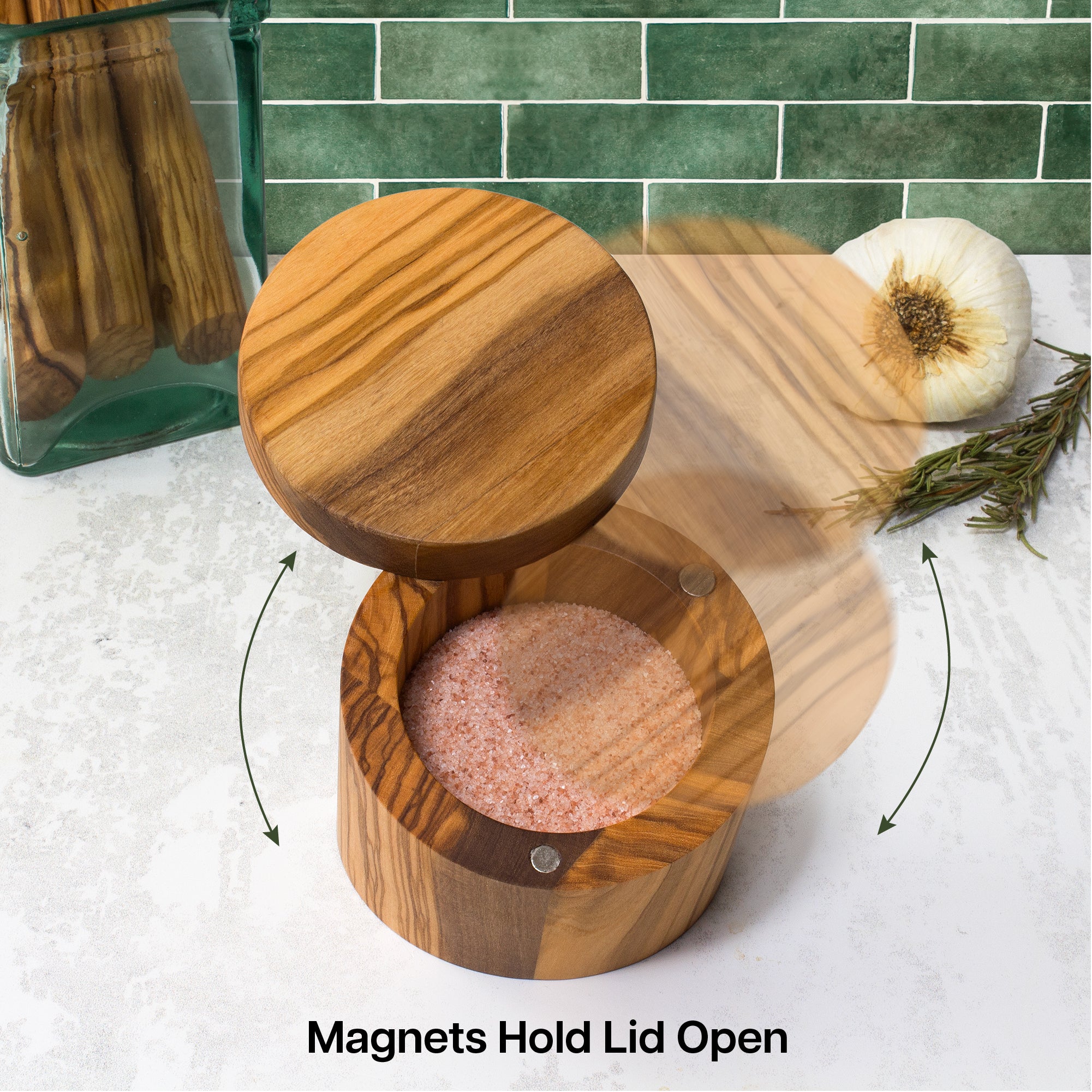 Premium Rock & Branch® Olive Wood Angled Salt Cellar - Handcrafted Natural Wood Salt Keeper with Lid - Perfect for Kitchen, Dining Table & Gourmet Cooking Gifts