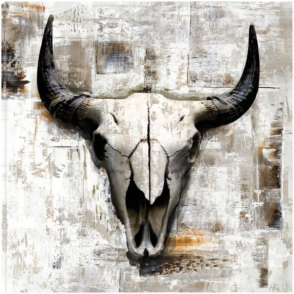 Fine Art Canvas White Cowskull Wall Decor by Artist Incado - 22x22 Inches Ready to Hang - Modern Western Home Decor for Living Room, Bedroom, Office & More - Perfect for Southwestern & Ranch Style Interiors