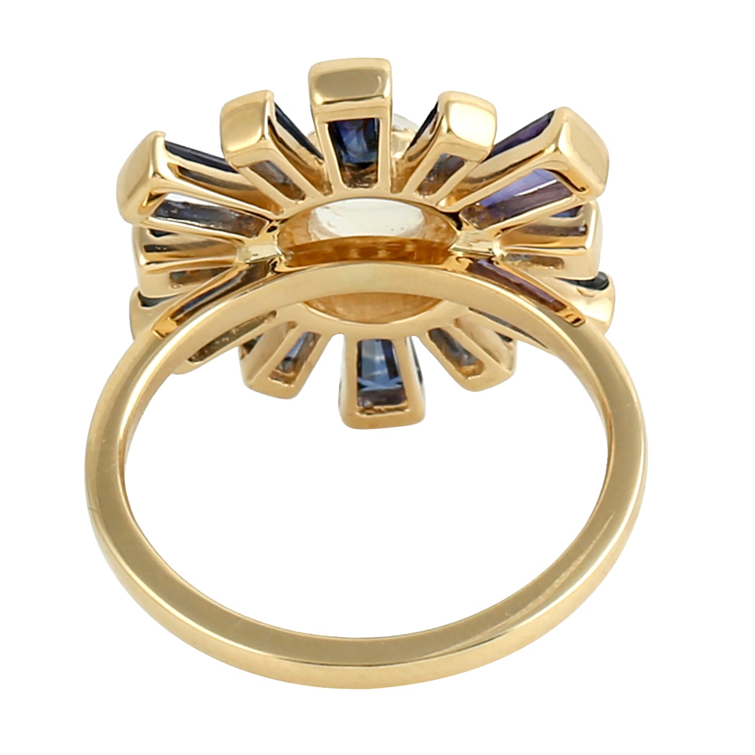 Blue Sapphire and Moonstone Pave Diamond Sunburst Ring in Gold - Elegant Statement Jewelry for Weddings, Parties & Special Occasions