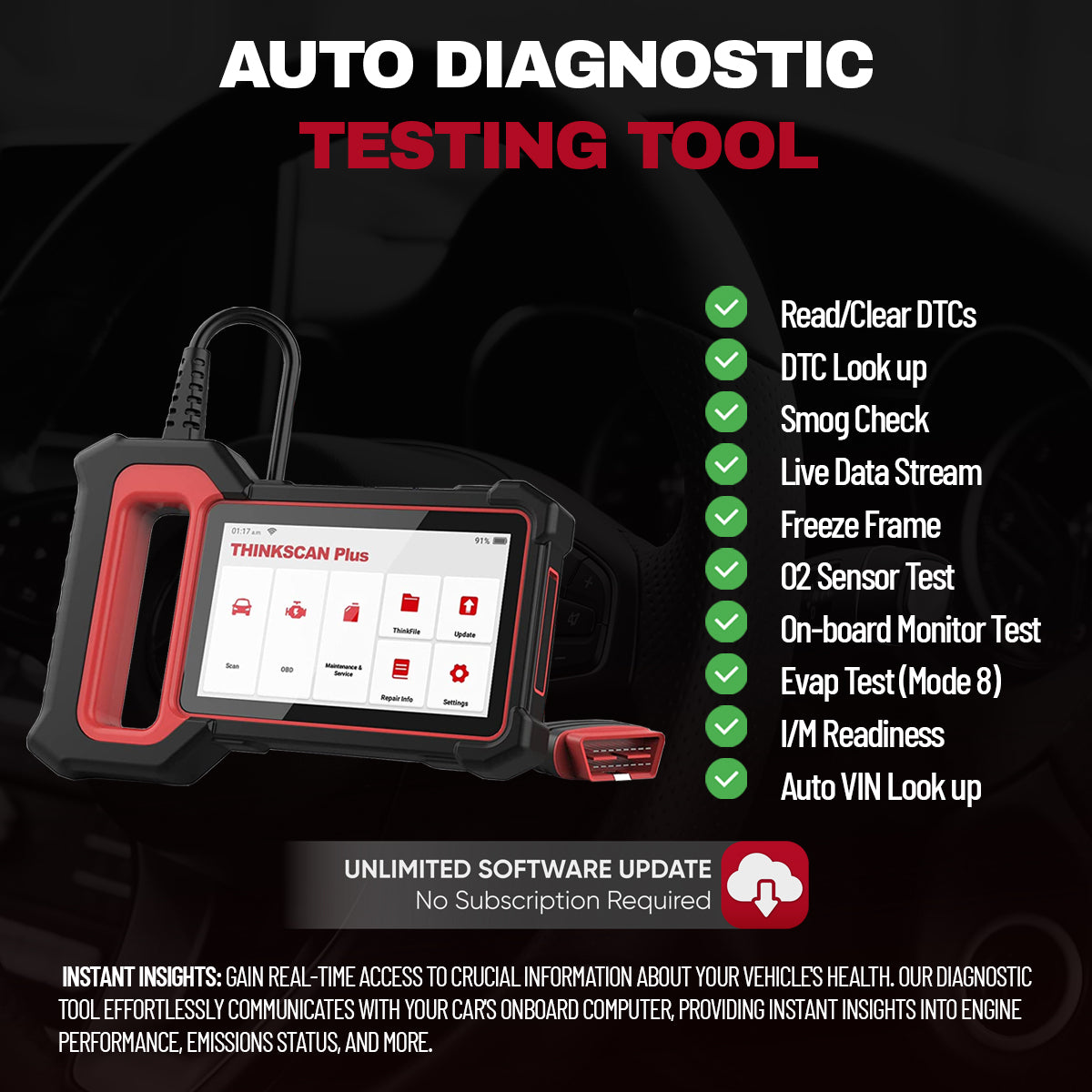 THINKSCAN PLUS S2 OBD2 Car Diagnostic Scanner - Check Engine, ABS & SRS Code Reader with 3 System Reset Functions | Professional Automotive Diagnostic Tool for Mechanics & DIY Enthusiasts | Perfect for Quick Vehicle Troubleshooting & Maintenance