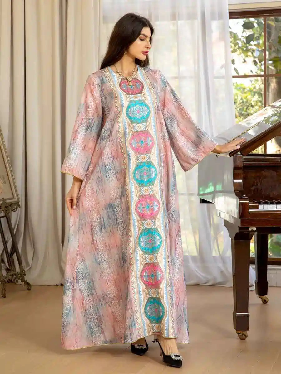 Elegant Eid Dress with Embroidery & Printed Floral Design - Long Caftan Kaftan Dress for Women #25426 | Perfect for Eid Celebrations, Weddings & Special Occasions