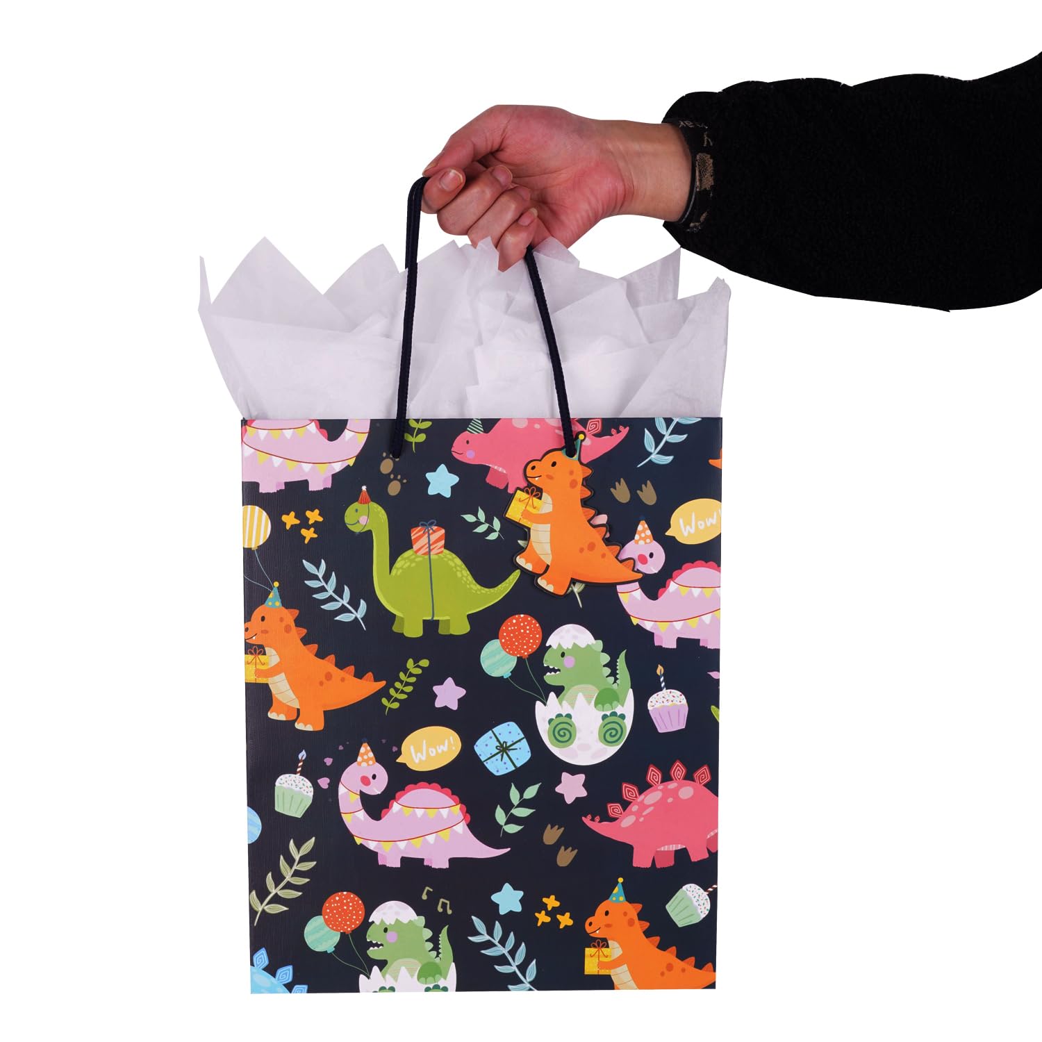 Ranfashiong 13 Inch Large Gift Bags with Tissue Paper - Dinosaur Themed Birthday Party Supplies for Boys, Kids, Baby Showers (Black Cute Dinosaurs) - Perfect for Birthday Presents, Holiday Gifts & Special Occasions