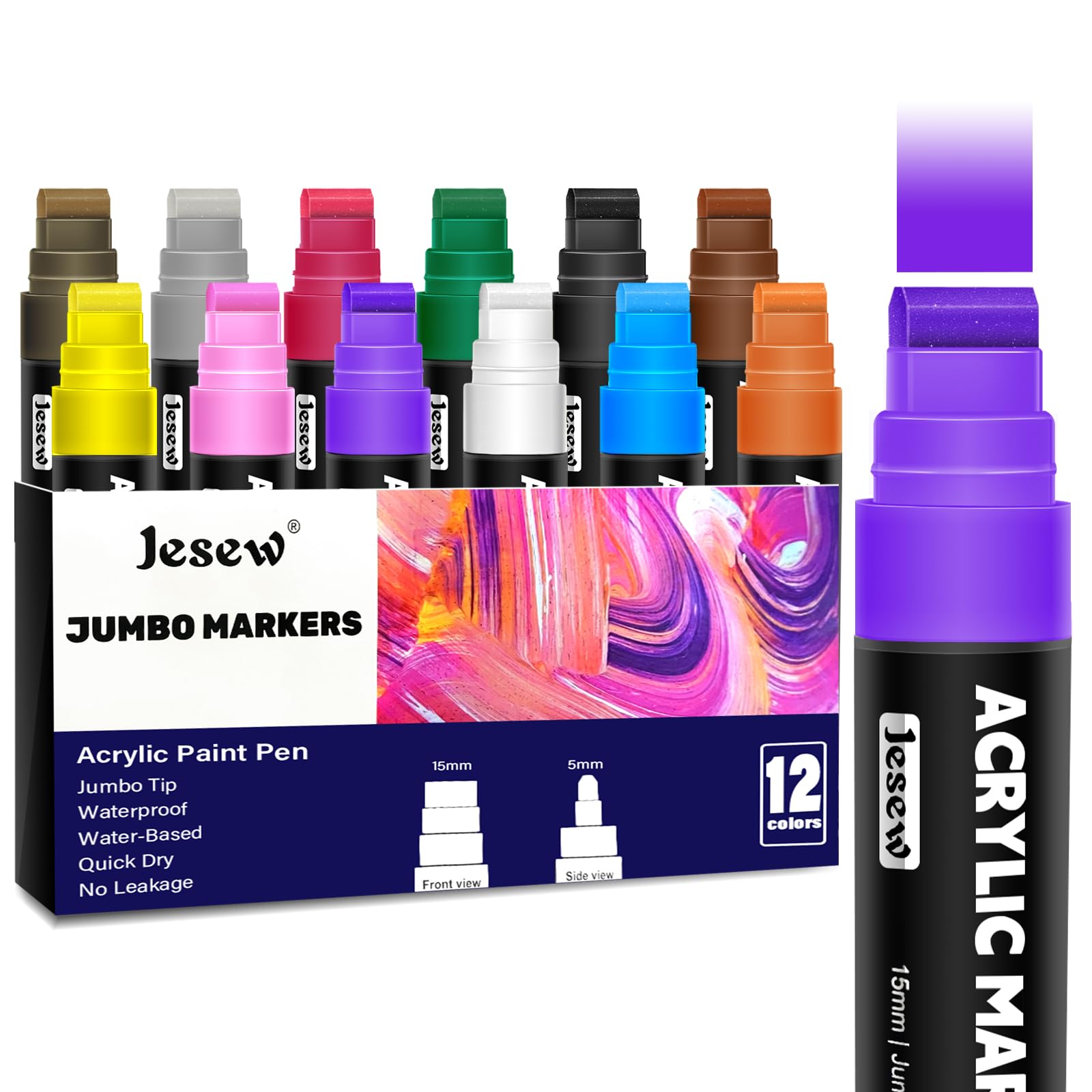 12 Colors Acrylic Paint Markers Set - Jumbo 15mm Felt Tip, Waterproof & Permanent Ink for Rock Painting, Ceramic, Glass, Wood, Canvas - Ideal for DIY Crafts, Home Decor, and Art Projects
