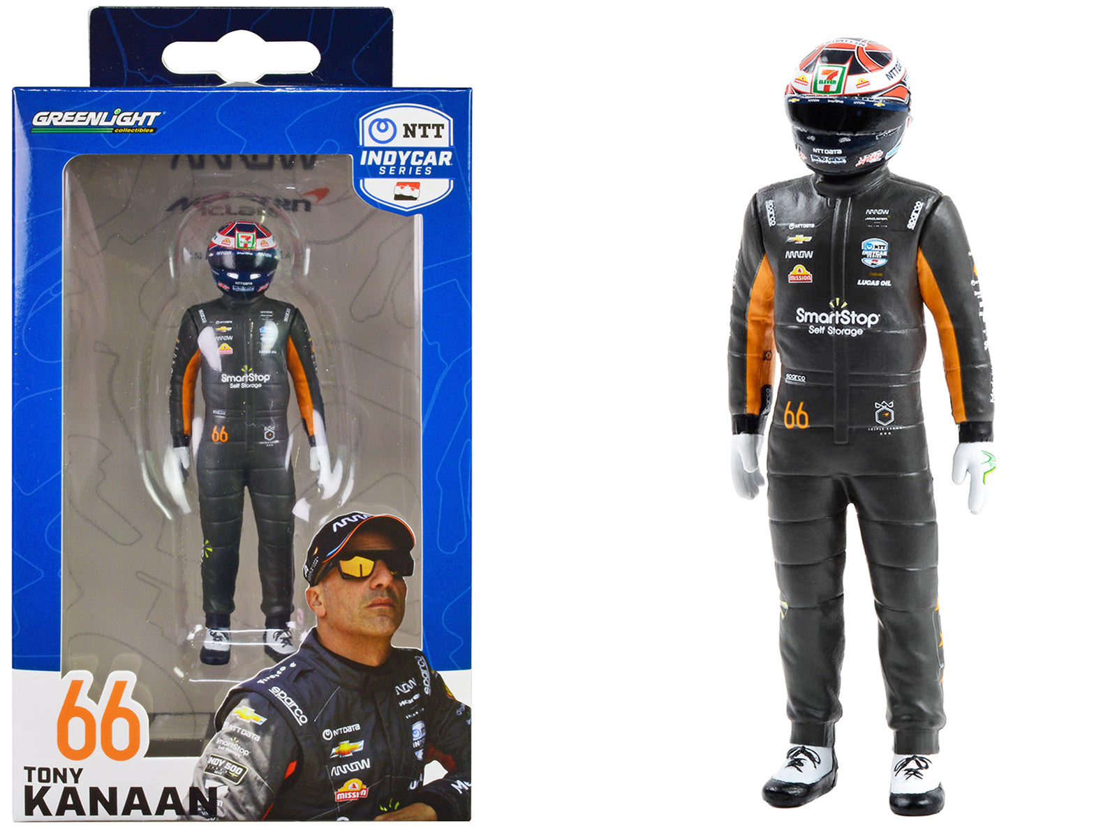 1/18 Scale Greenlight NTT IndyCar Series #66 Tony Kanaan Driver Figure - SmartStop Self Storage Arrow McLaren - Collectible Diecast Model Car for Racing Fans & Display