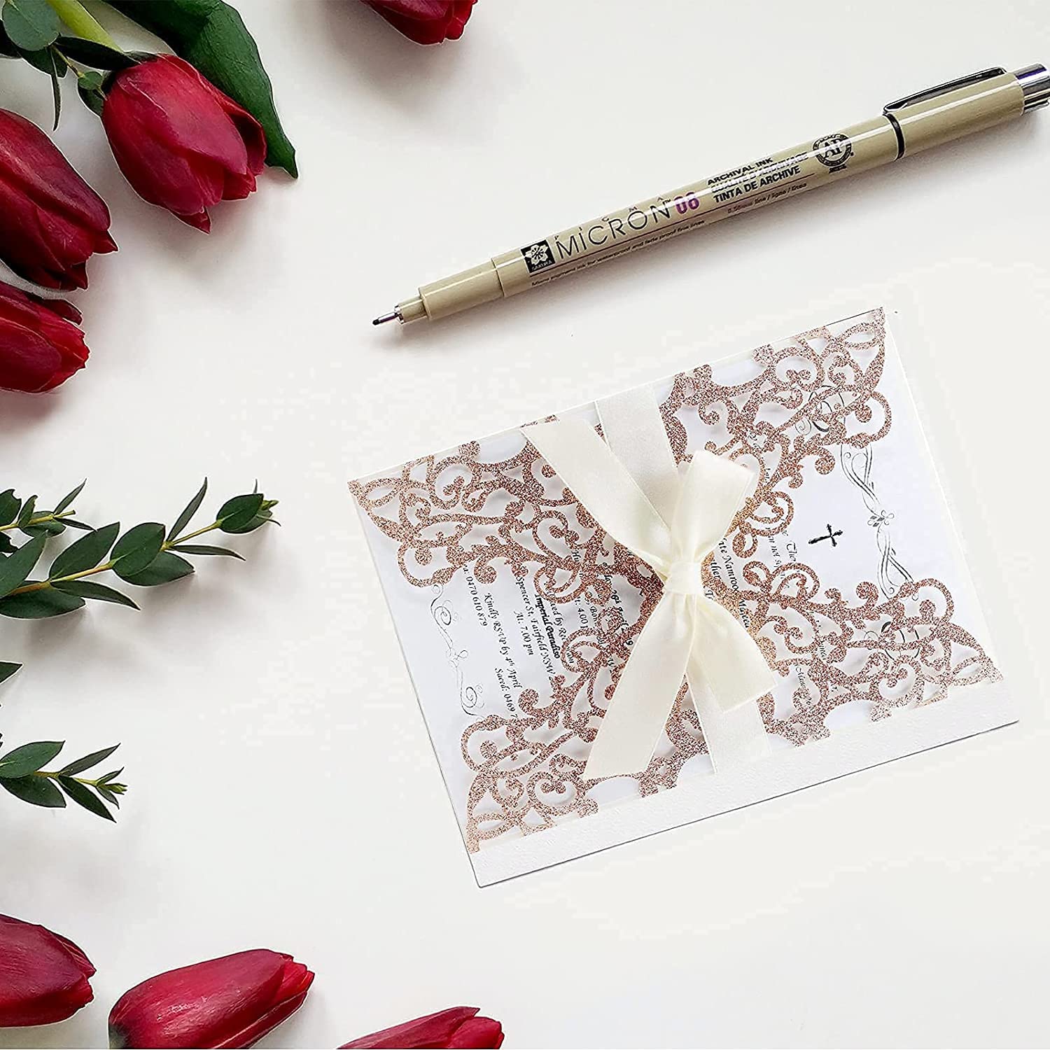 25PCS Rose Gold Wedding Invitations Set - Elegant Laser Cut Floral Design with Gold Powder, Blank Inner Sheets, Envelopes & Ribbons for Wedding, Engagement, Bridal Shower Parties | Perfect for Formal Events & DIY Invitations