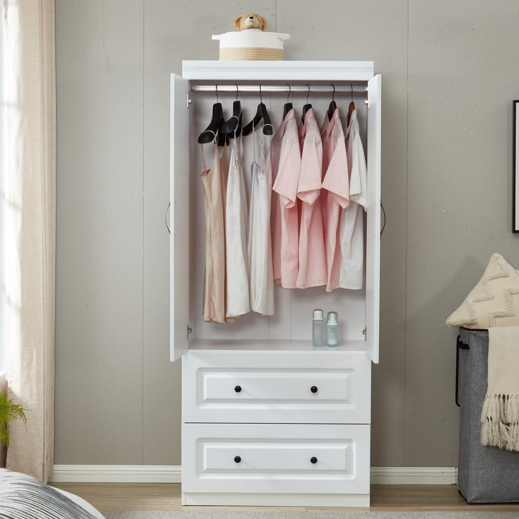 White Wardrobe Closet with 2 Doors & 2 Drawers - Freestanding Storage Cabinet with Hanging Rod for Clothes, Bedroom & Closet Organization | Perfect for Apartments, Dorms & Small Spaces