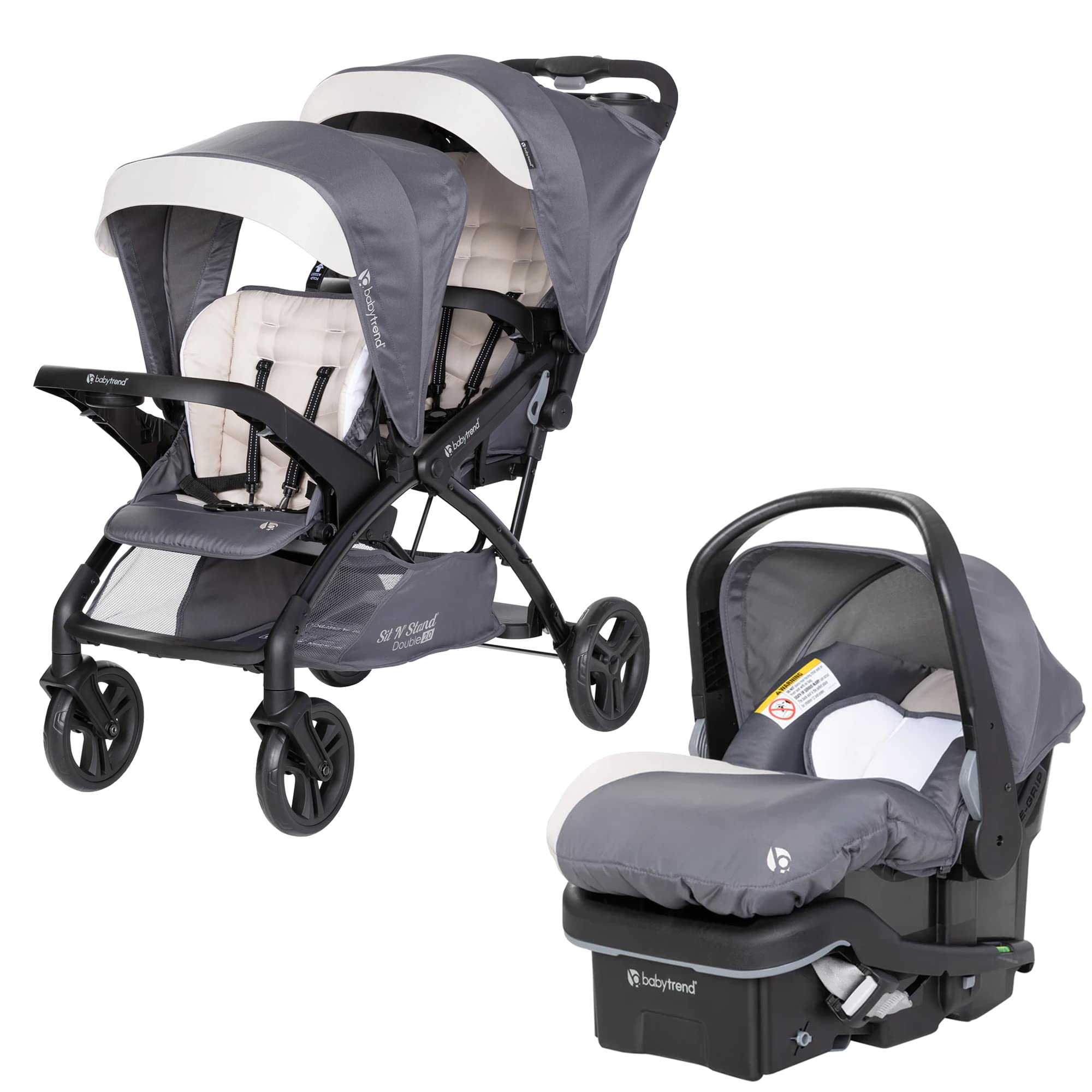 Baby Trend Sit N' Stand Double Stroller 2.0 DLX - Lightweight Convertible Stroller with 5-Point Safety Harness & EZ-Lift Plus Infant Car Seat - Cozy Magnolia Cover - Perfect for Twins, Siblings or Toddlers - Ideal for Shopping, Travel & Outdoor Walks