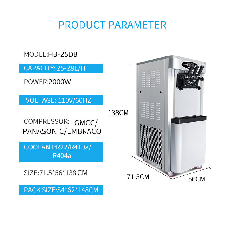 Commercial Soft Serve Ice Cream Machine - 25-30L/H Production, 2000W Power, 2x6L Hoppers for Restaurants & Snack Shops - Triple Flavor Dispenser for Dessert Bars, Cafes & Ice Cream Parlors