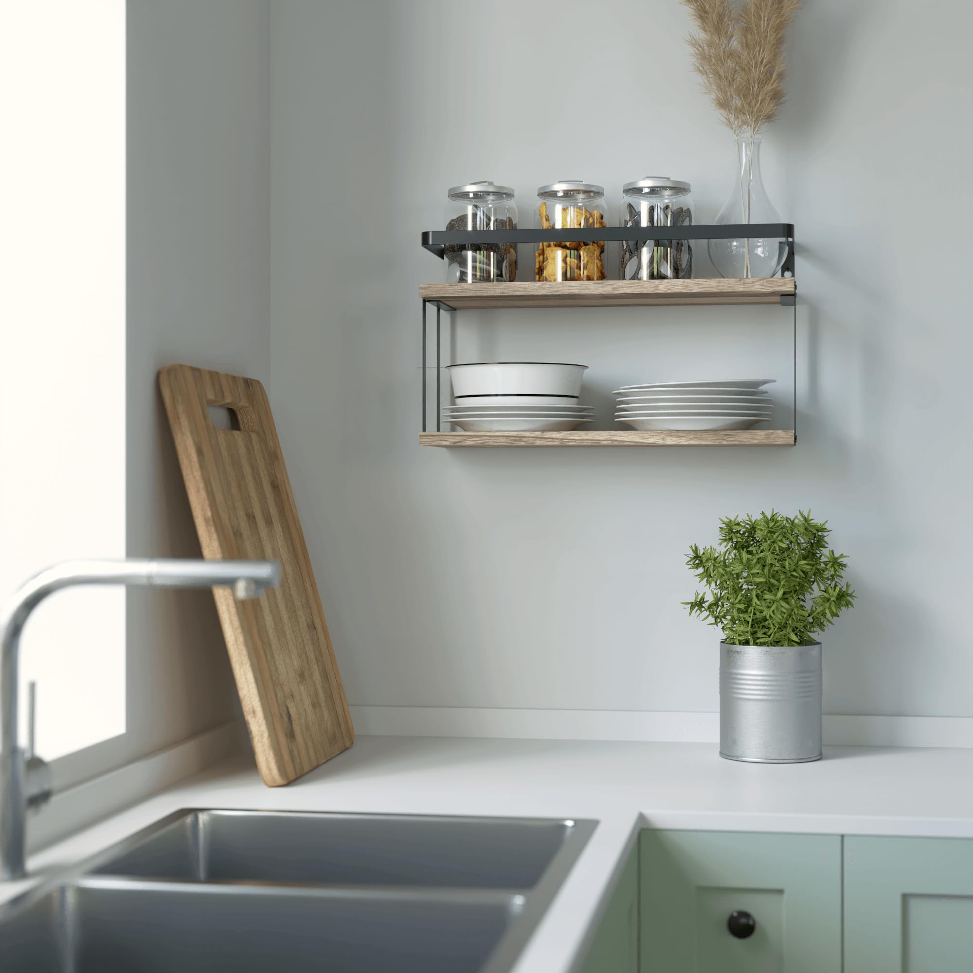 RICHER HOUSE Dual-Level Floating Shelves with Guardrail - Rustic Wood Wall Mounted Shelf for Bathroom & Kitchen Storage | Over Toilet Paper Organizer, Bathroom Wall Decor & Kitchen Spice Rack - Perfect for Small Space Organization & Farmhouse Style Home Decor