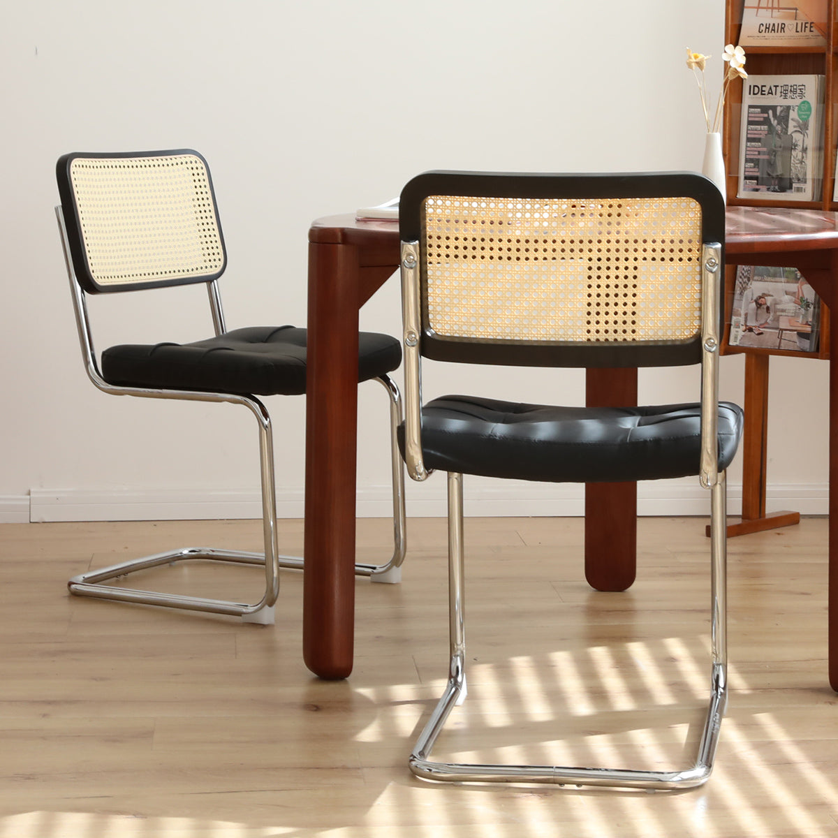 Modern Mid Century Breuer Style Dining Chairs Set of 2 - Faux Leather & Rattan Accent Chairs with Chrome Legs for Living Room, Kitchen, Dining Area - Black Upholstered Side Chairs (2-Piece Set) - Perfect for Small Spaces, Breakfast Nooks and Contemporary Home Decor