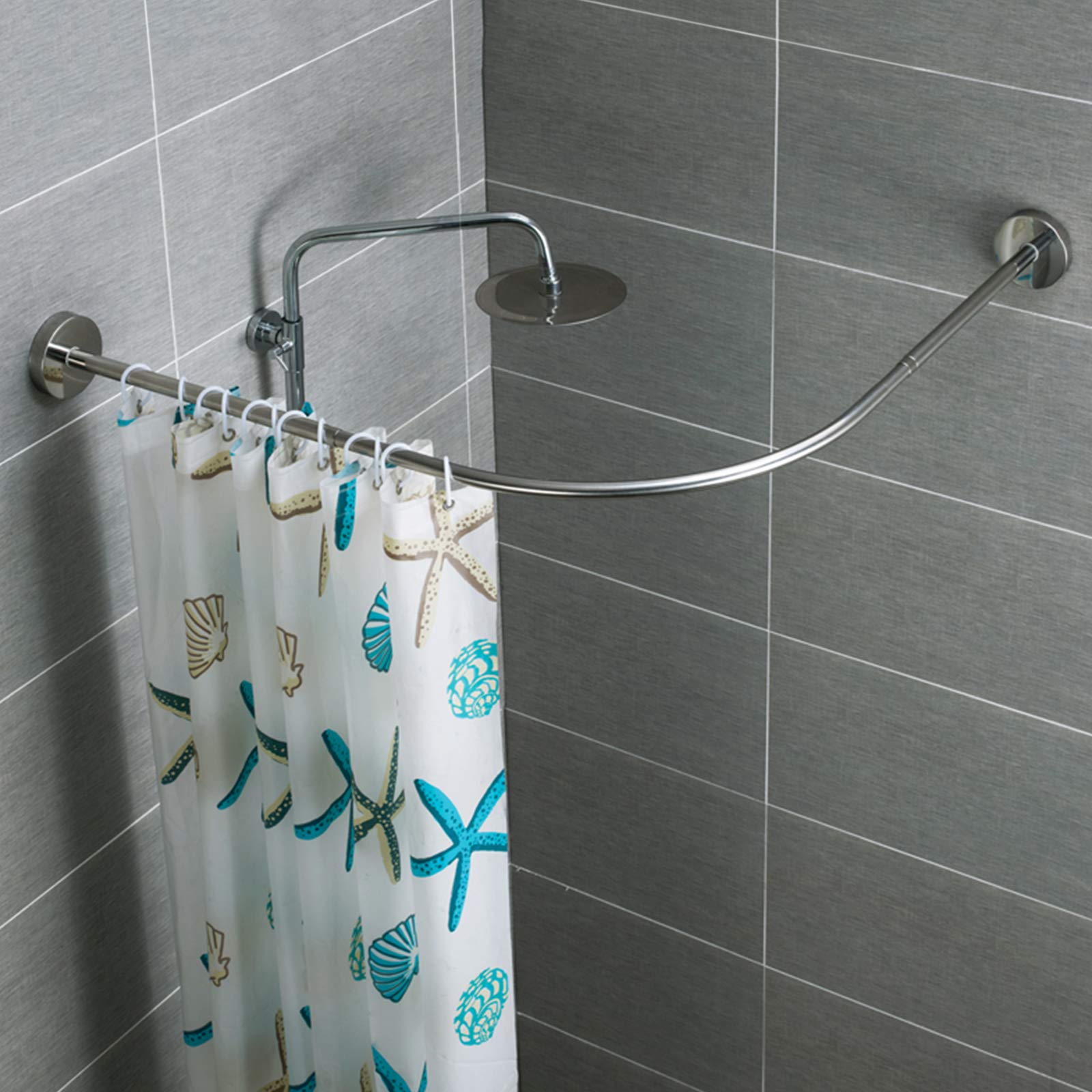 No-Drill Stretchable 304 Stainless Steel L-Shaped Shower Curtain Rod - Adjustable Length 28.55