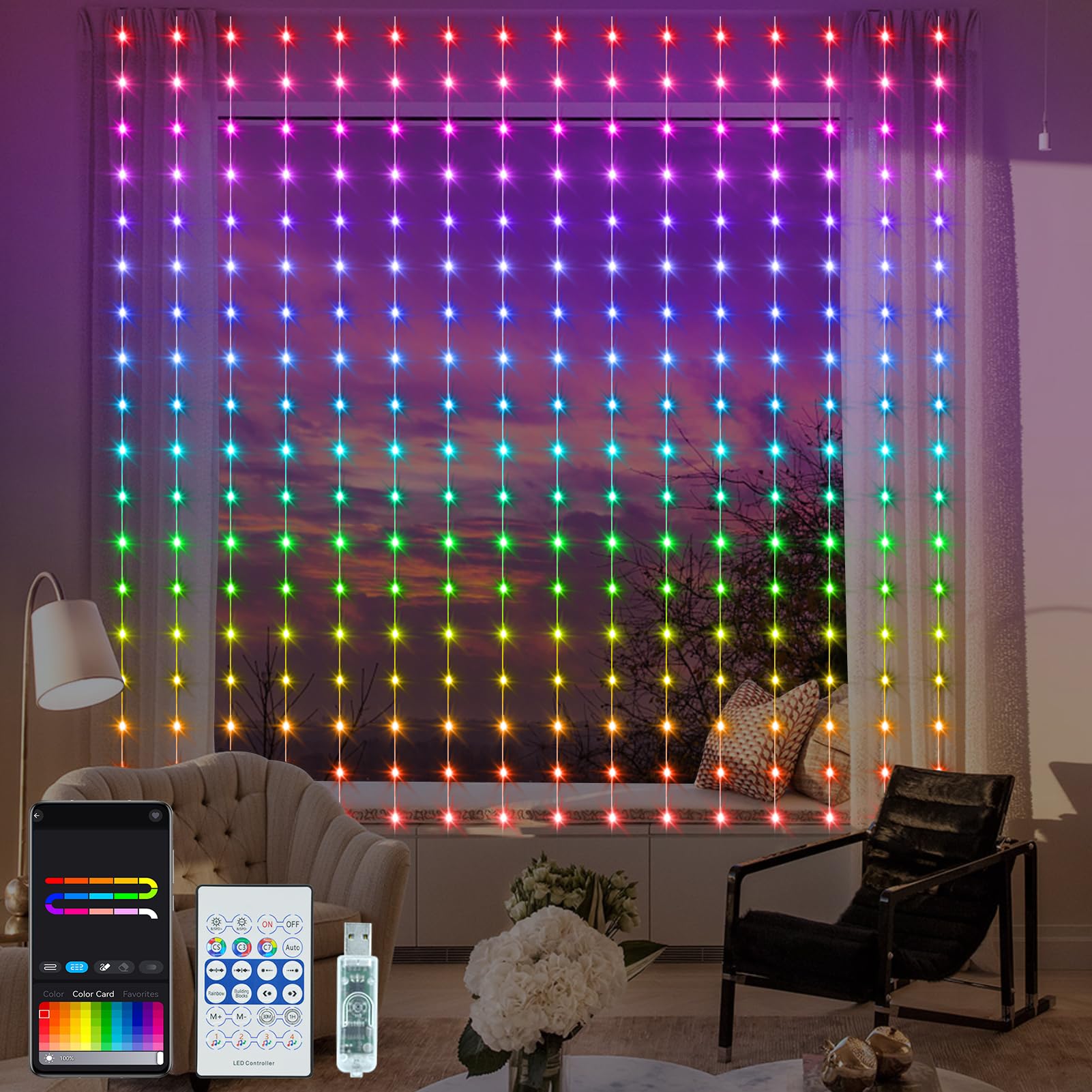 Smart RGB 5050 LED Curtain Lights with Music Sync & APP Remote Control - 8Ft x 6Ft 144 LED USB Fairy String Lights for Party, Wedding, Patio, Garden, and Home Decor - Perfect for Indoor and Outdoor Holiday Lighting